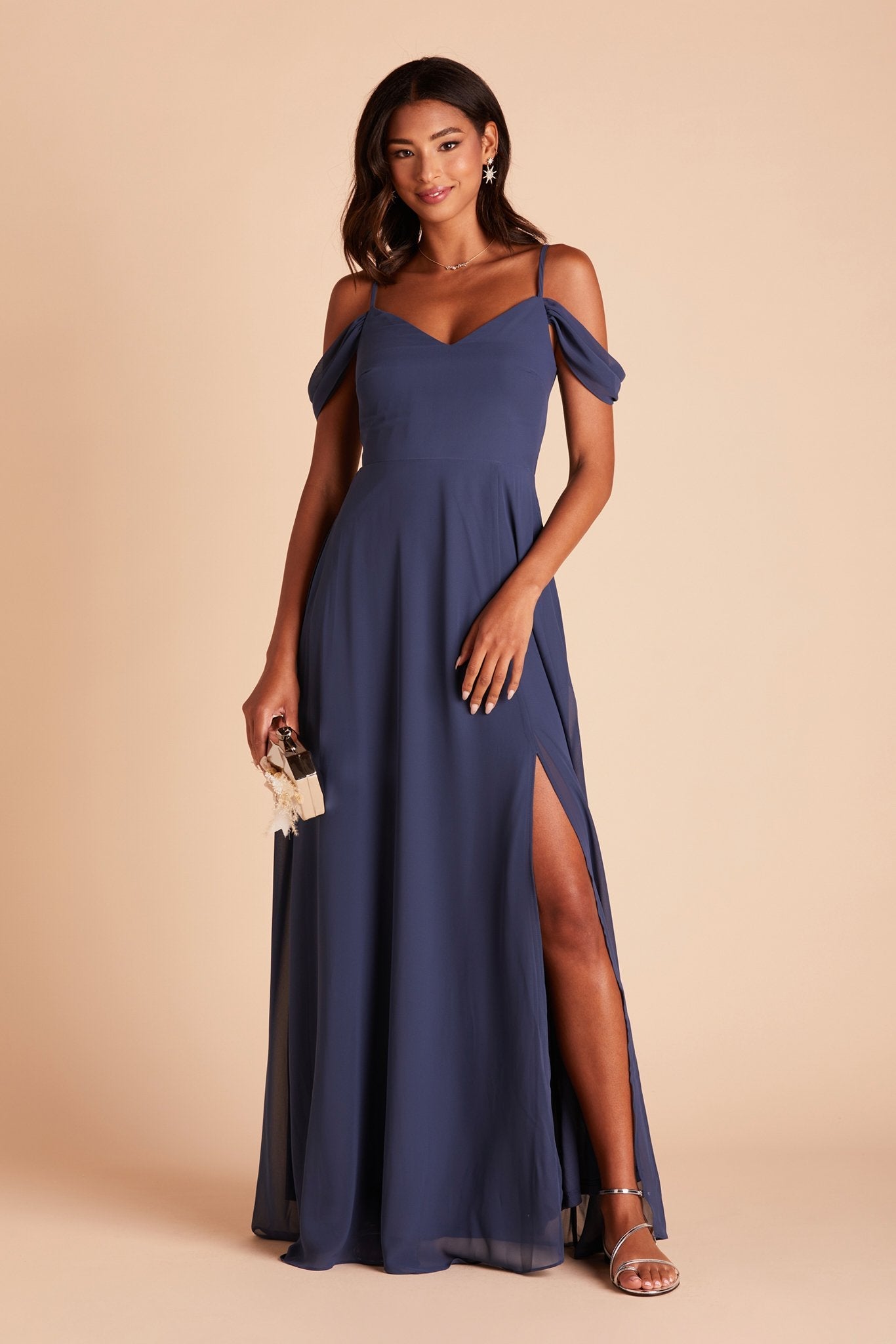 Devin convertible bridesmaids dress with slit in slate blue chiffon by Birdy Grey, front view