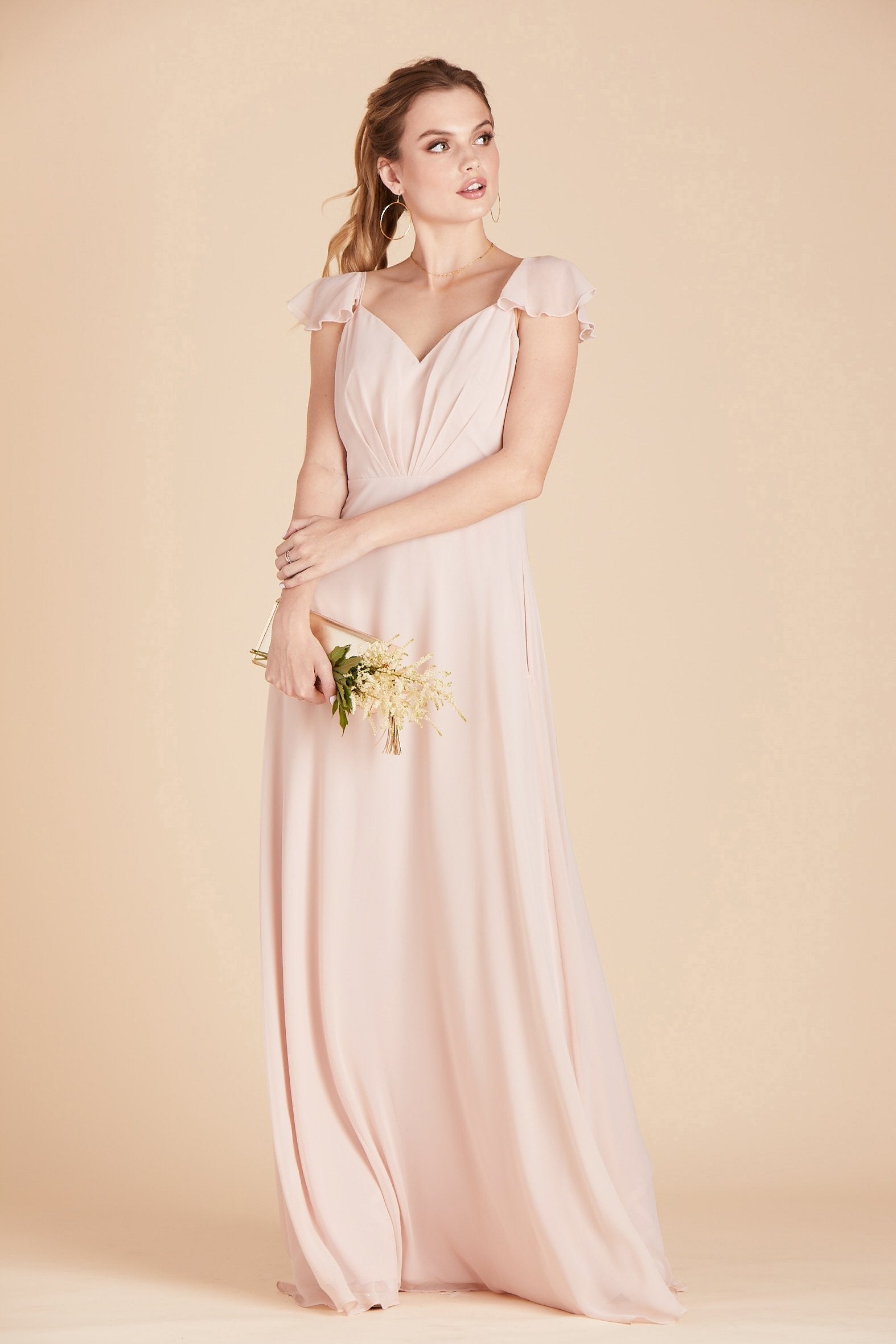 Kae bridesmaids dress in pale blush pink chiffon by Birdy Grey, front view