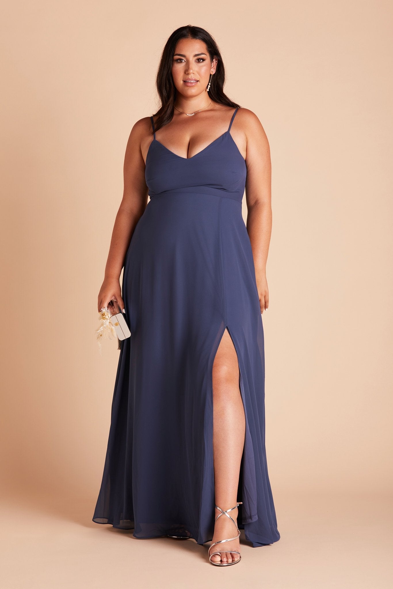 Devin convertible plus size bridesmaids dress with slit in slate blue chiffon by Birdy Grey, front view