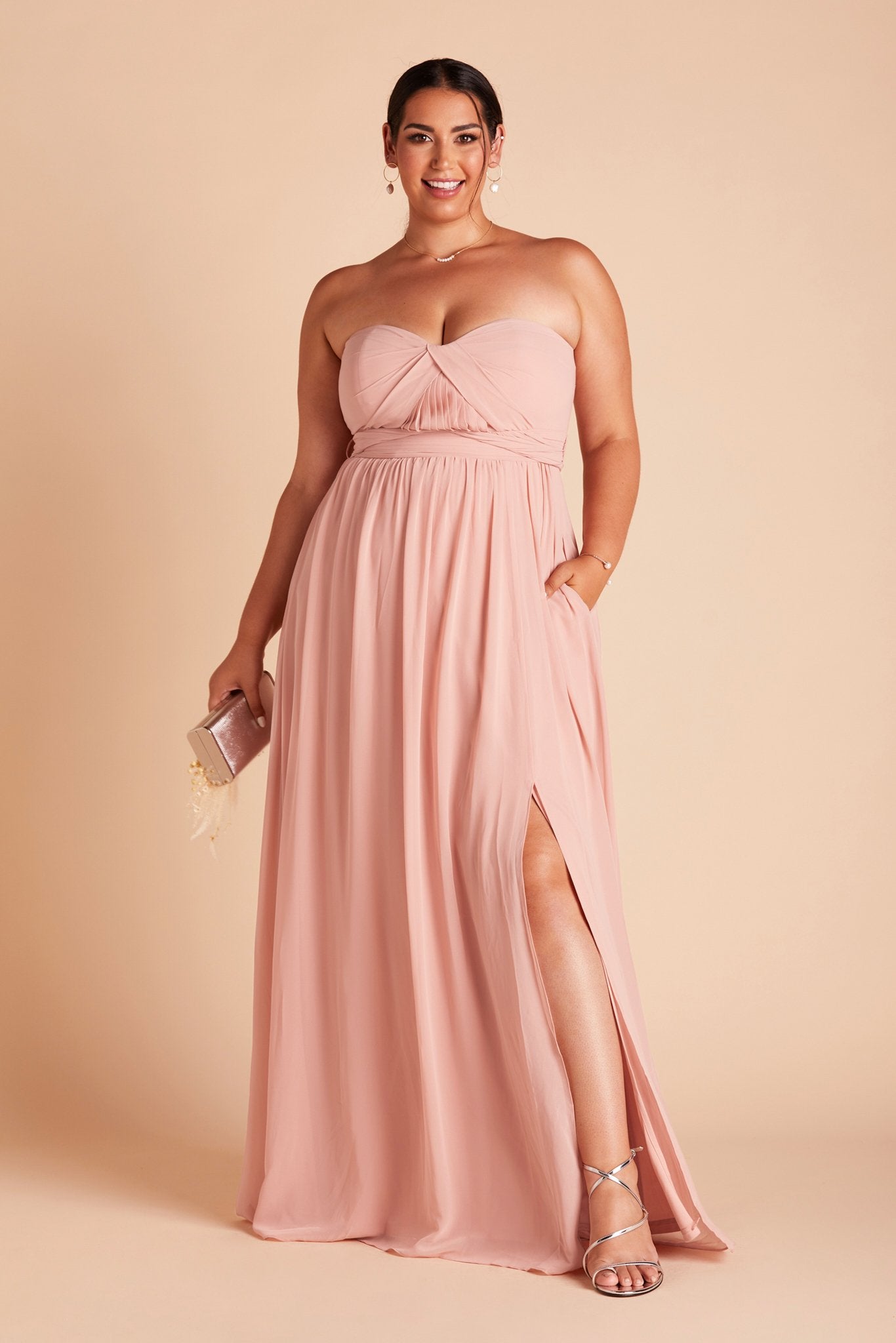 Grace convertible plus size bridesmaid dress in rose quartz pink chiffon by Birdy Grey, front view