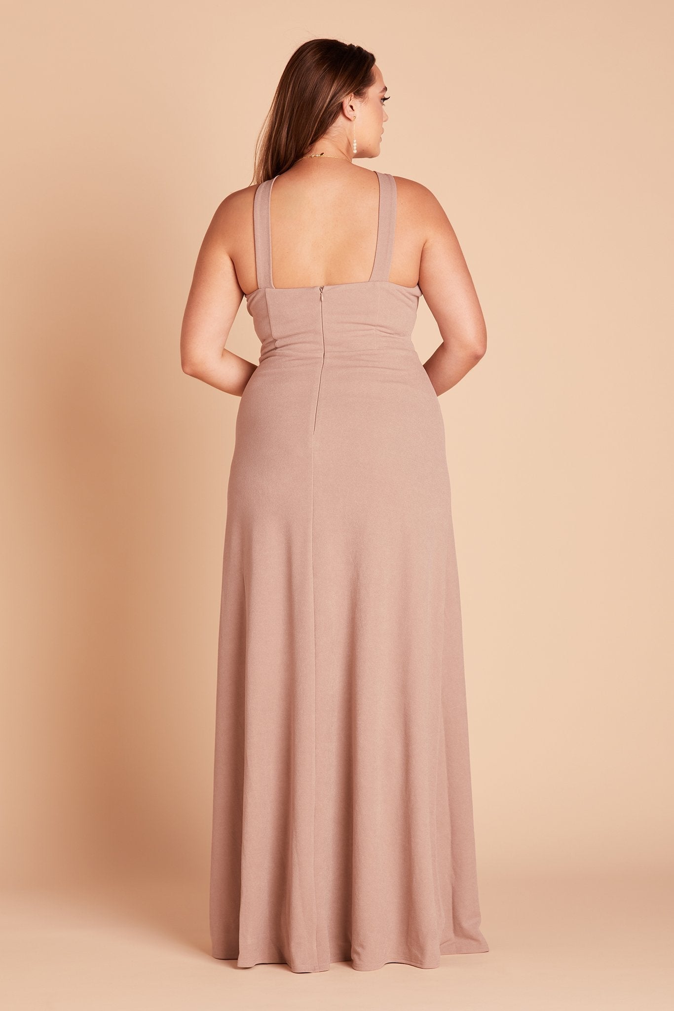 Gene plus size bridesmaid dress with slit in taupe crepe by Birdy Grey, back view