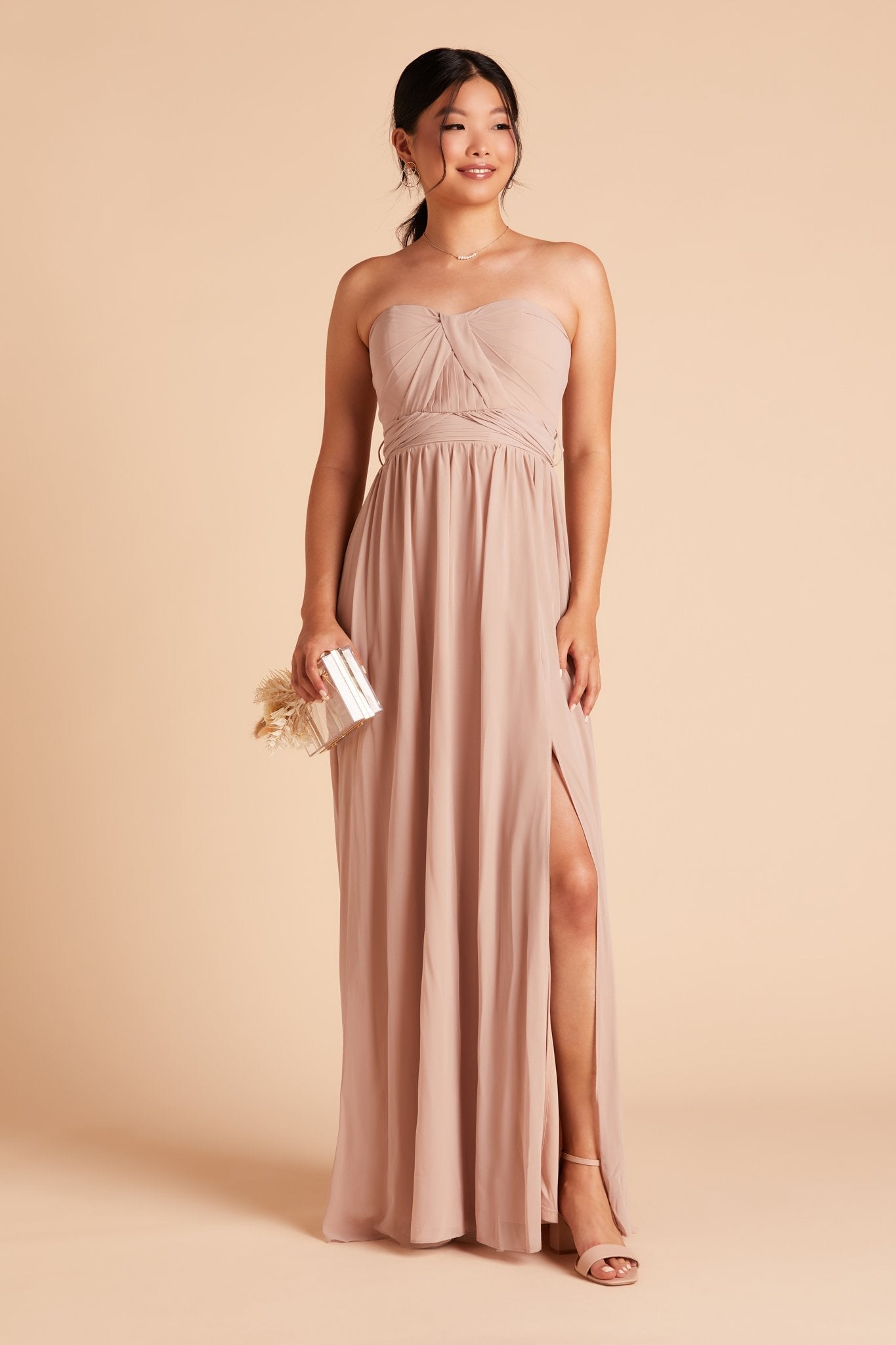 Grace convertible bridesmaid dress with slit in taupe chiffon by Birdy Grey, front view