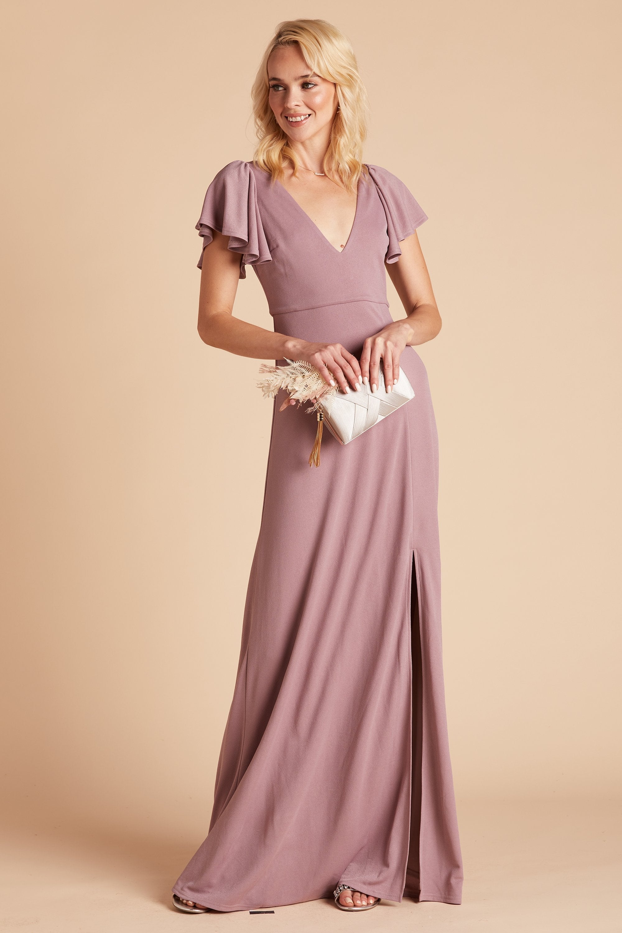 Hannah bridesmaid dress with slit in dark mauve chiffon by Birdy Grey, front view