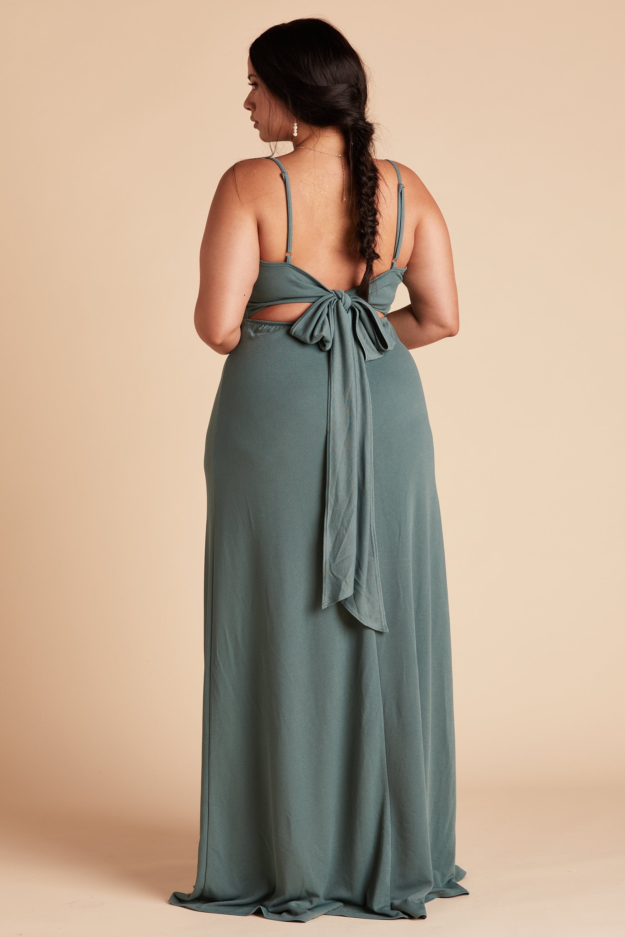 Benny plus size bridesmaid dress in sea glass green chiffon by Birdy Grey, back view