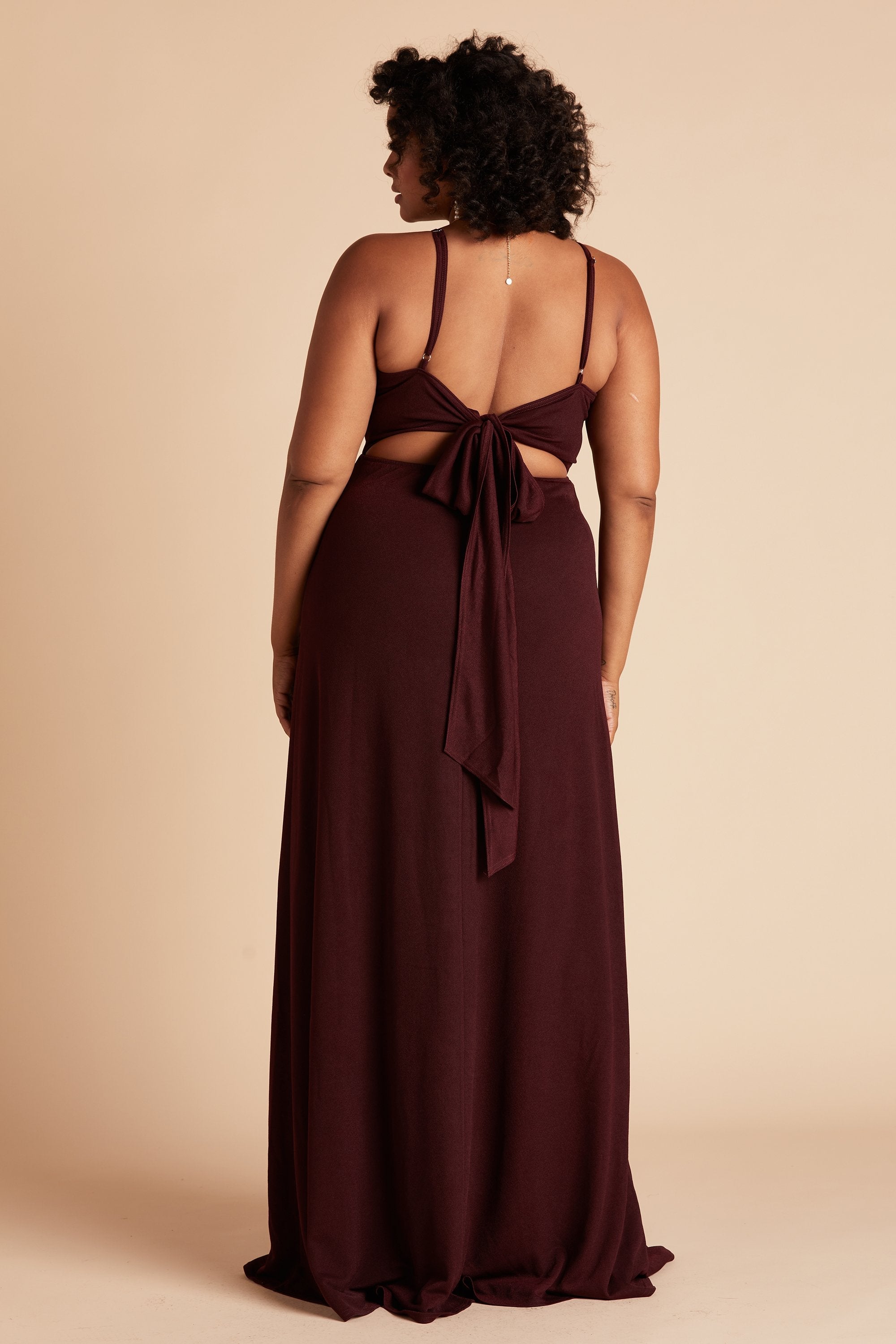 Benny plus size bridesmaid dress in cabernet burgundy crepe by Birdy Grey, back view