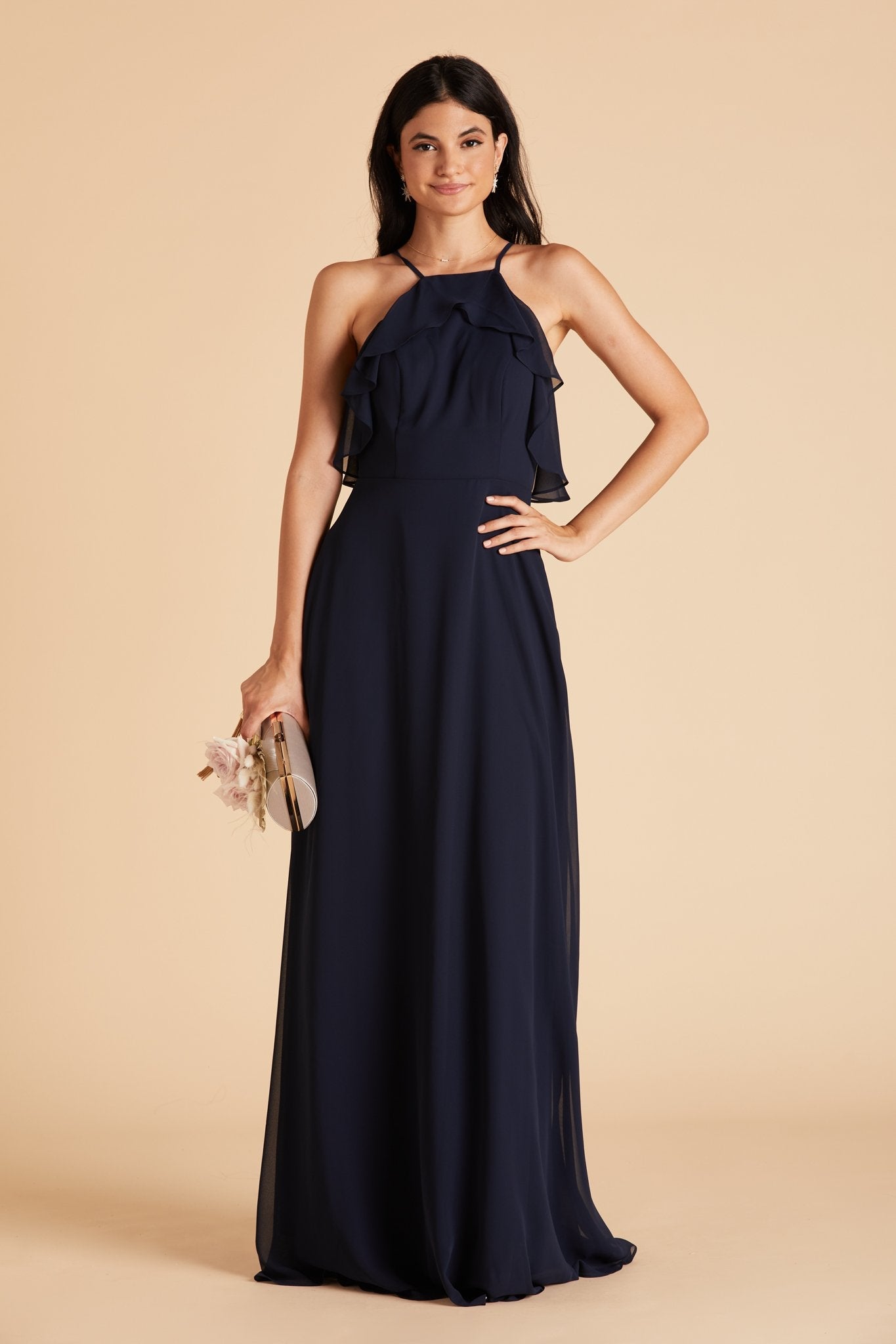 Jules bridesmaid dress in navy blue chiffon by Birdy Grey, front view