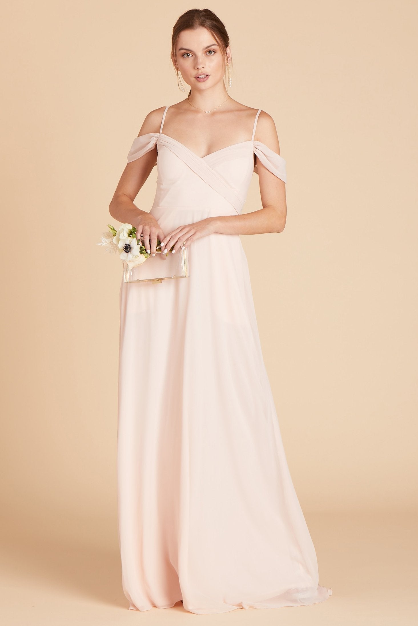 Spence convertible bridesmaid dress in pale blush chiffon by Birdy Grey, front view