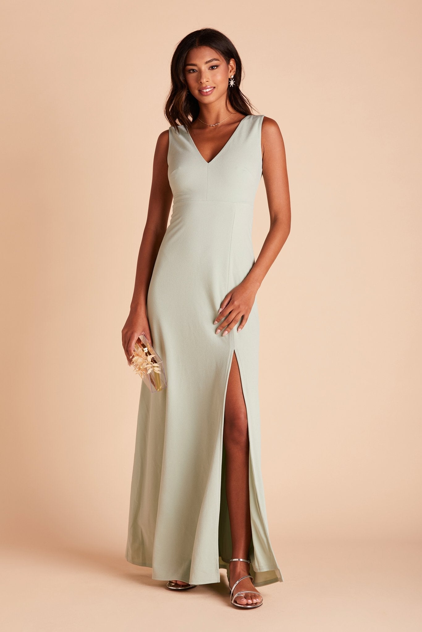 Shamin bridesmaid dress with slit in sage green crepe by Birdy Grey, front view