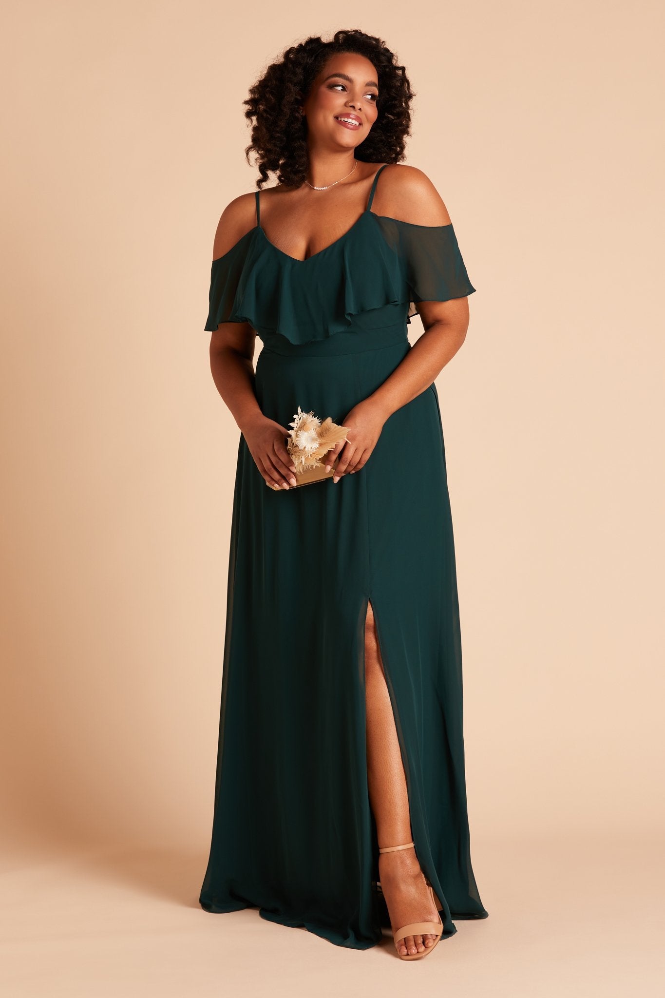 Jane convertible plus size bridesmaid dress with slit in emerald green chiffon by Birdy Grey, front view