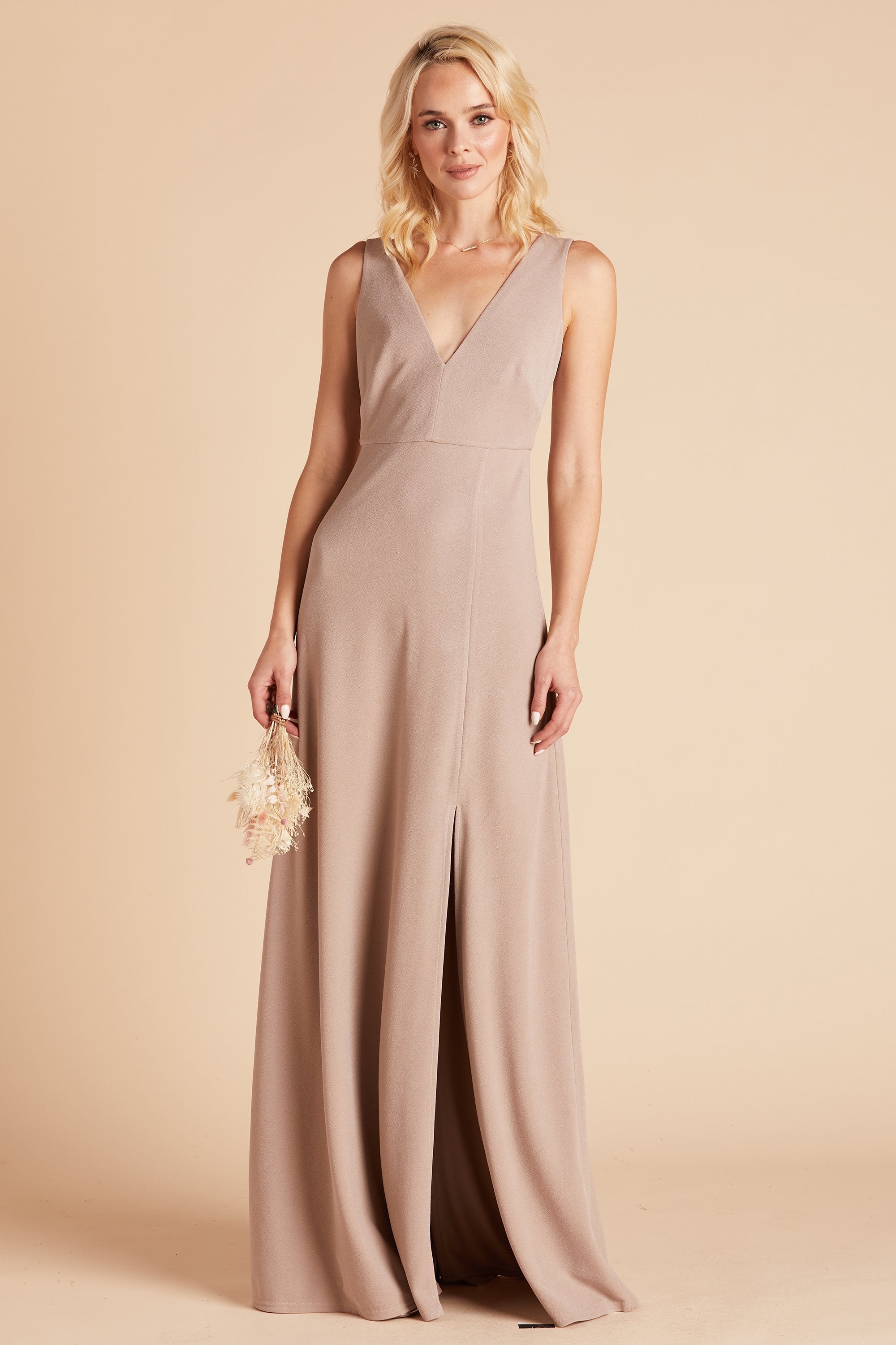 Shamin bridesmaid dress with slit in taupe crepe by Birdy Grey, front view