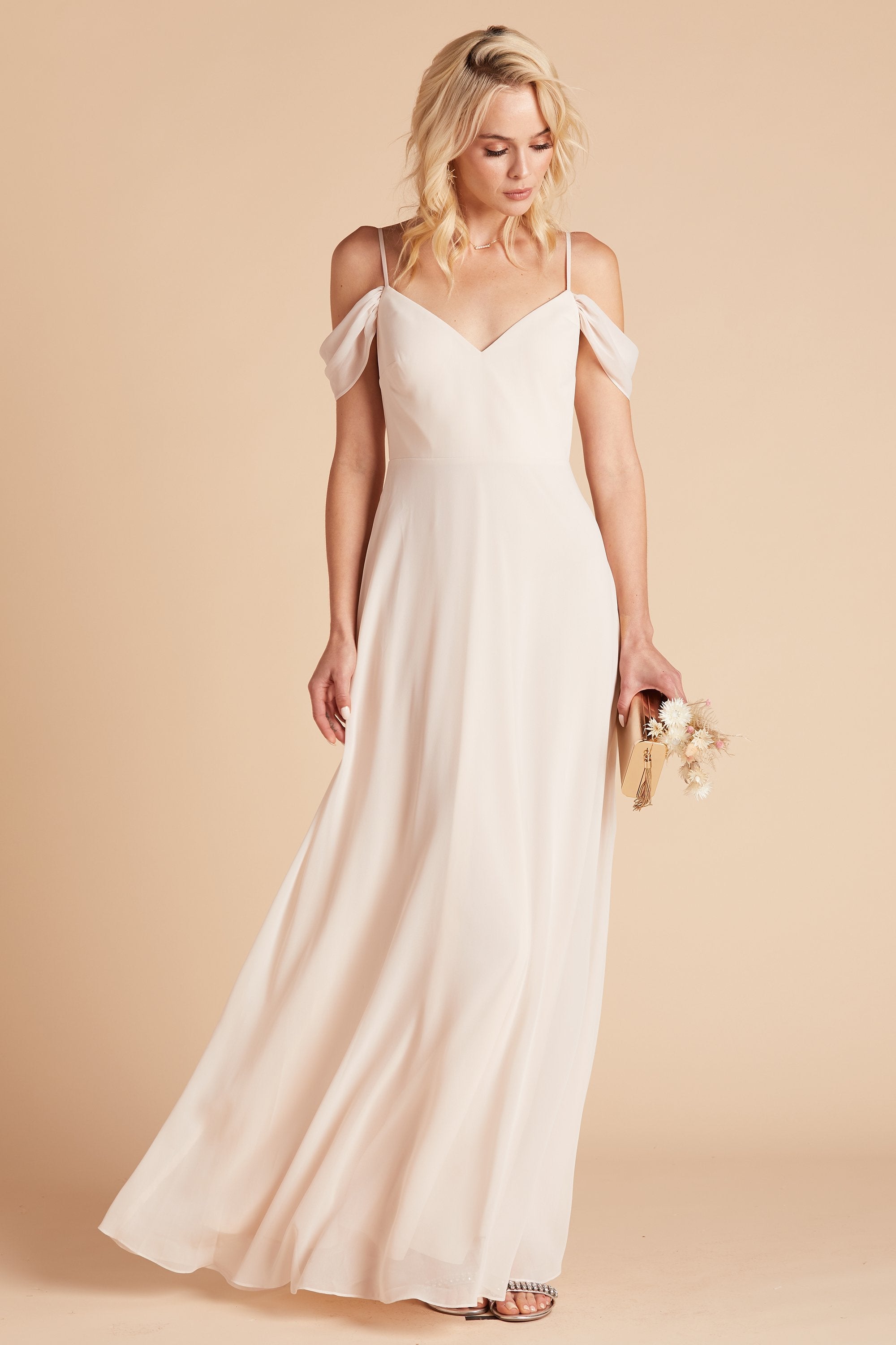 Devin convertible bridesmaids dress in champagne chiffon by Birdy Grey, front view