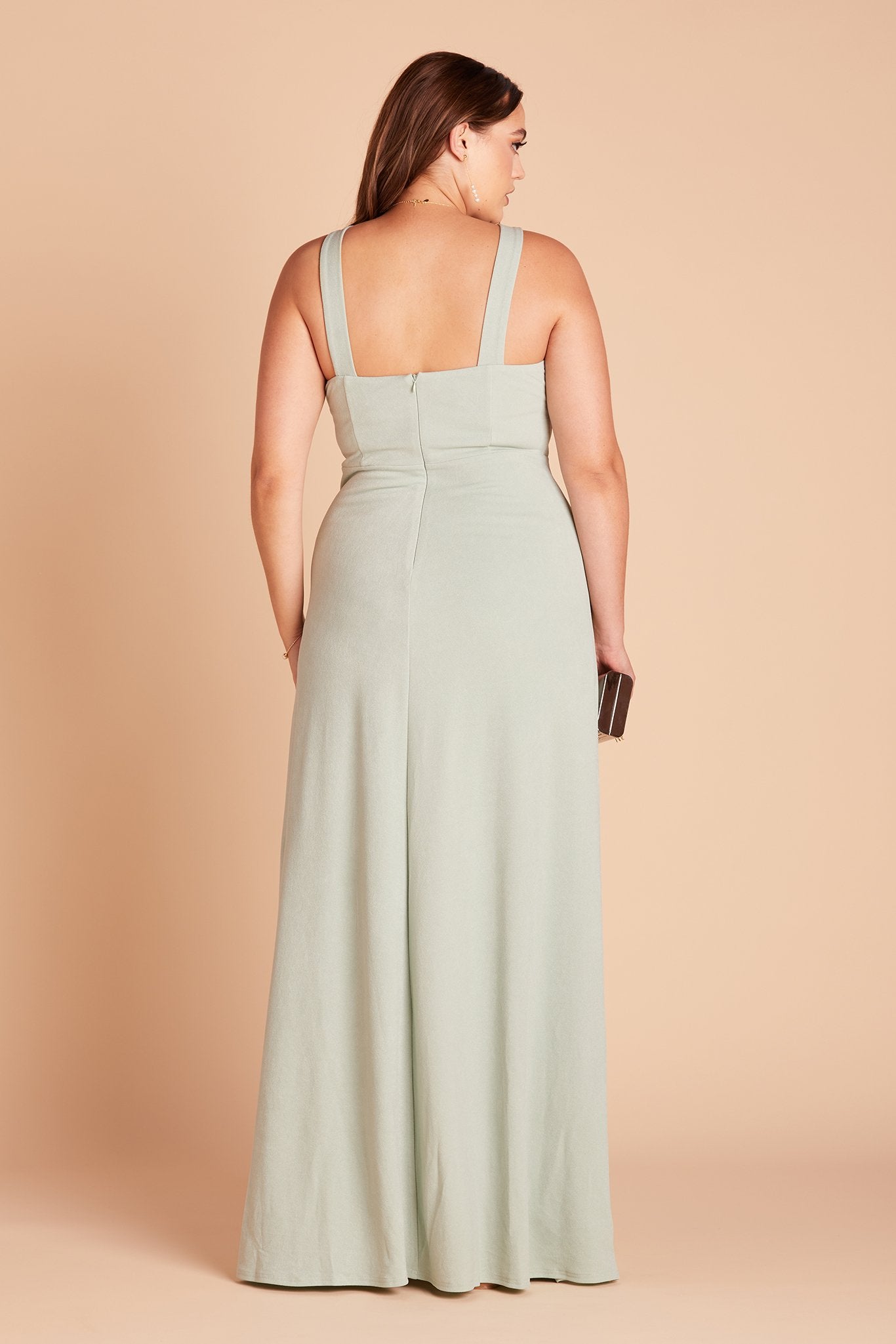 Gene plus size bridesmaid dress with slit in sage green crepe by Birdy Grey, back view