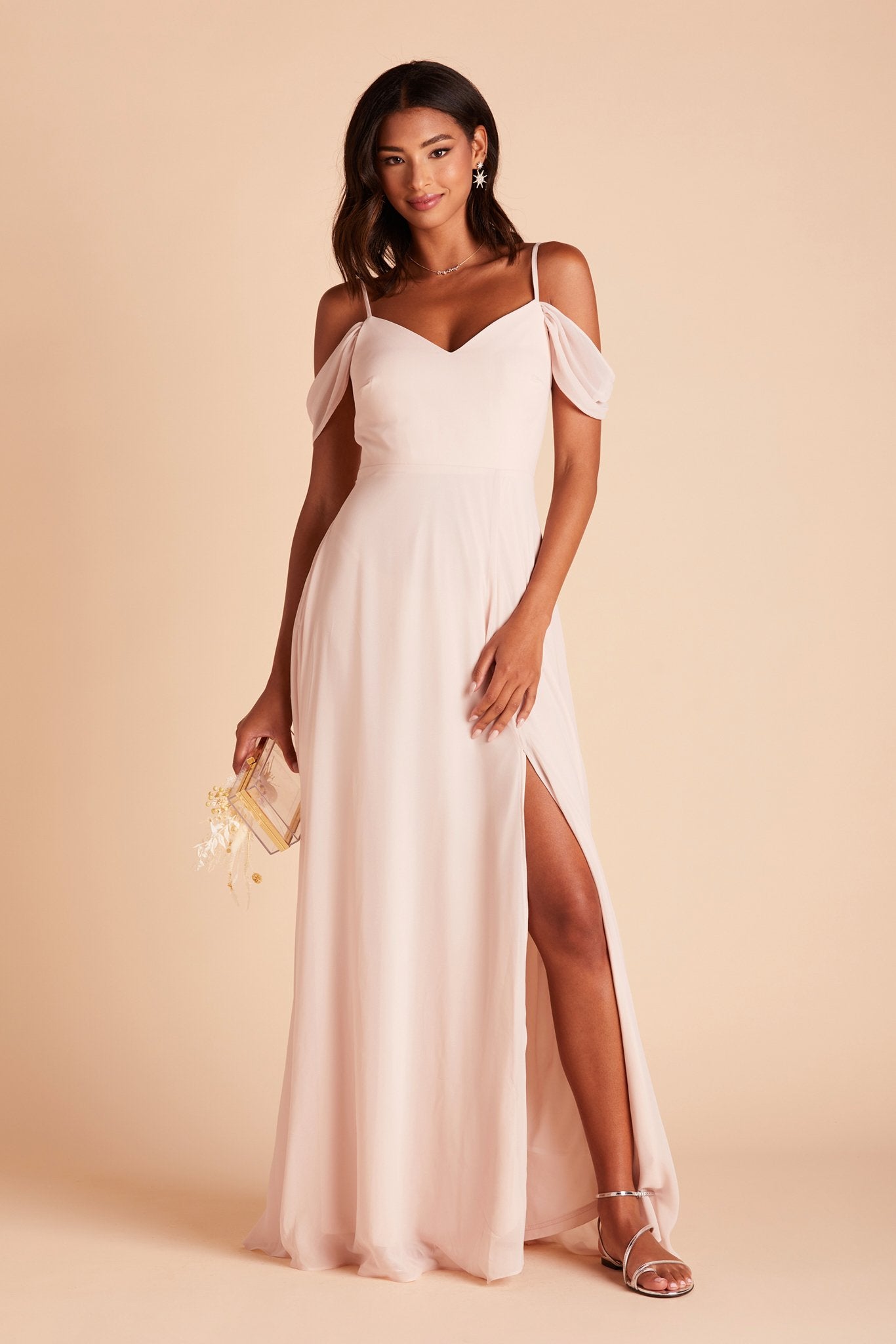 Devin convertible bridesmaids dress with slit in pale blush chiffon by Birdy Grey, front view