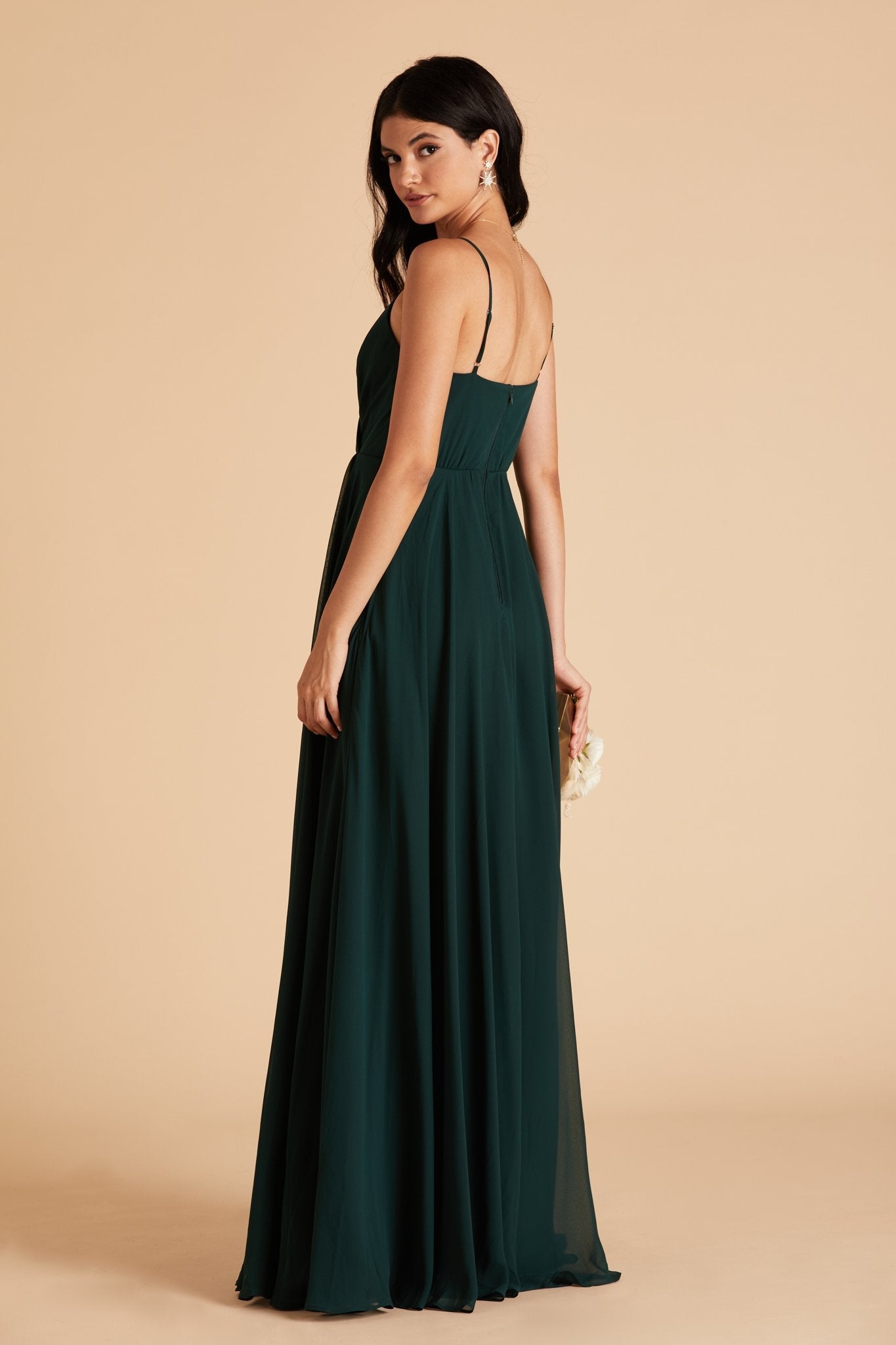 Kaia bridesmaids dress in emerald green chiffon by Birdy Grey, side view