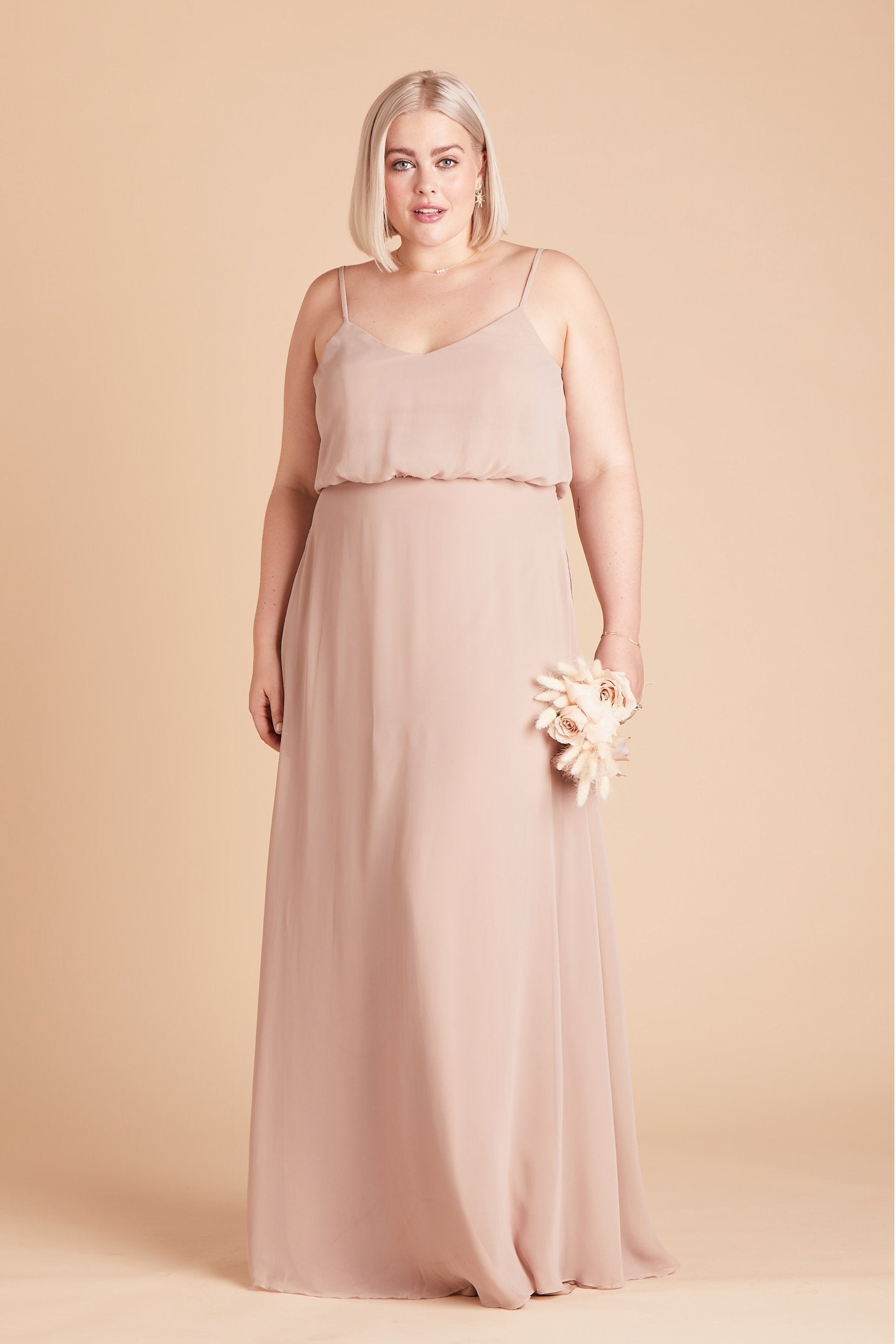 Gwennie plus size bridesmaid dress in taupe chiffon by Birdy Grey, front view