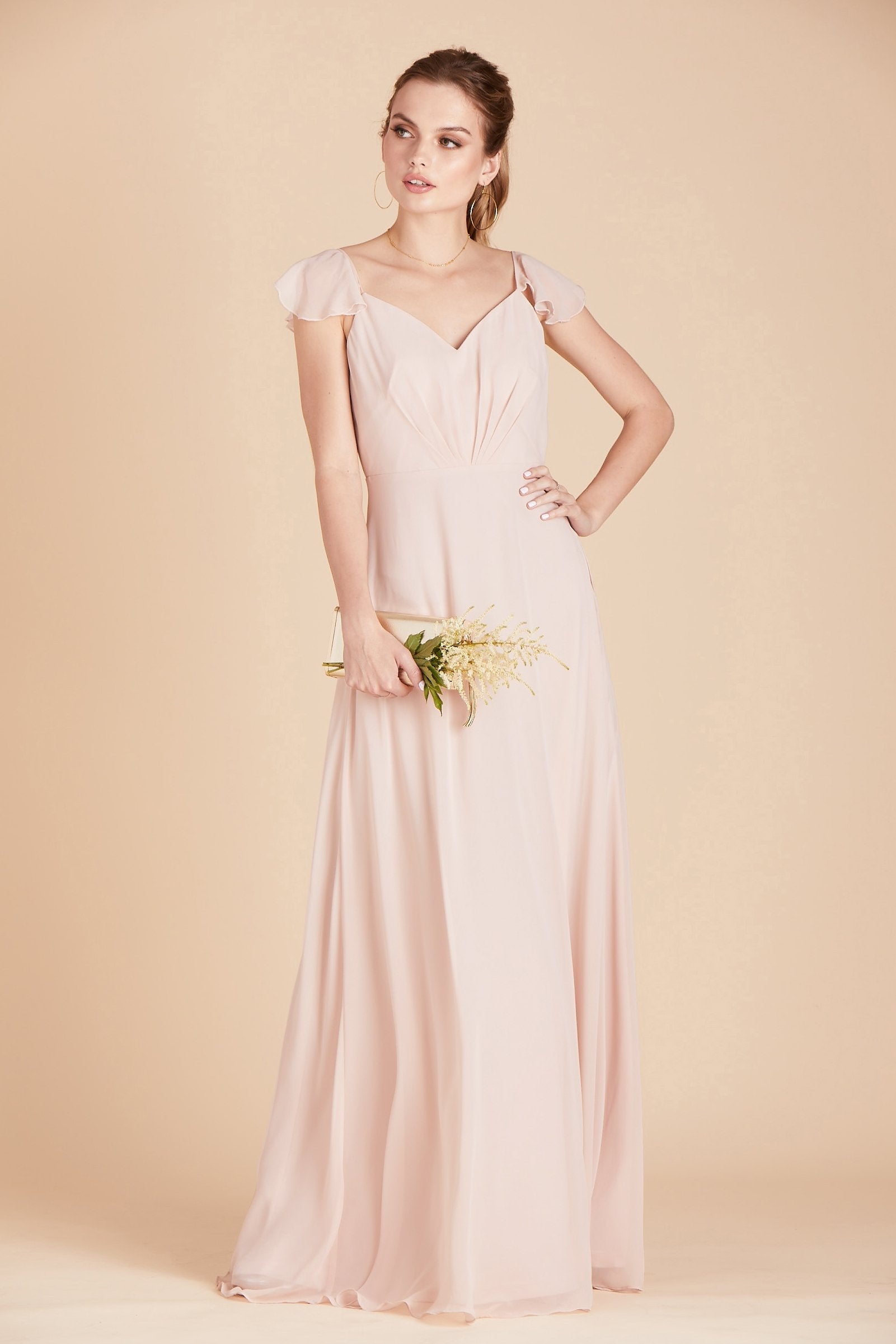 Kae bridesmaids dress in pale blush pink chiffon by Birdy Grey, front view