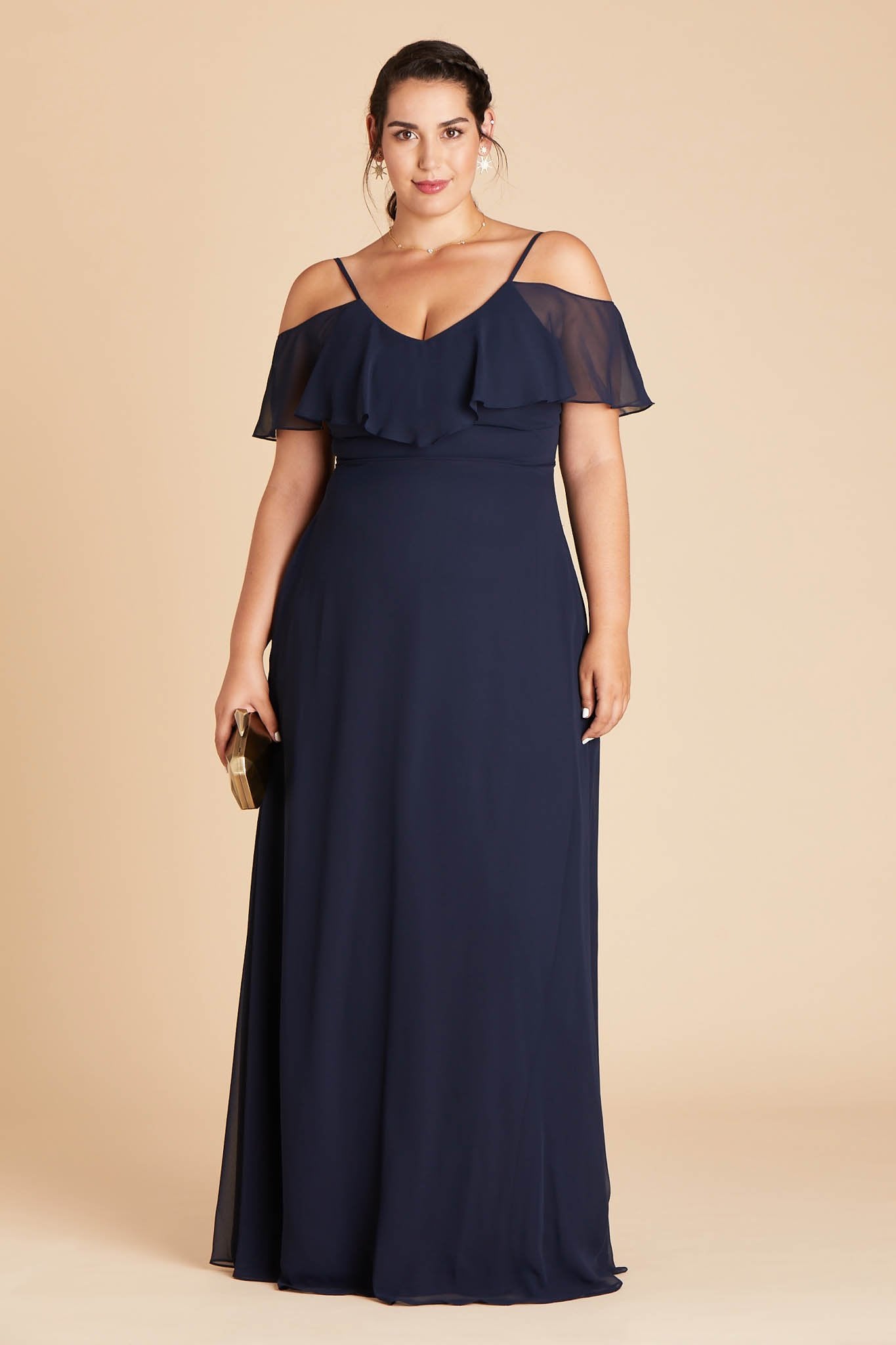 Jane convertible plus size bridesmaid dress in navy blue chiffon by Birdy Grey, front view