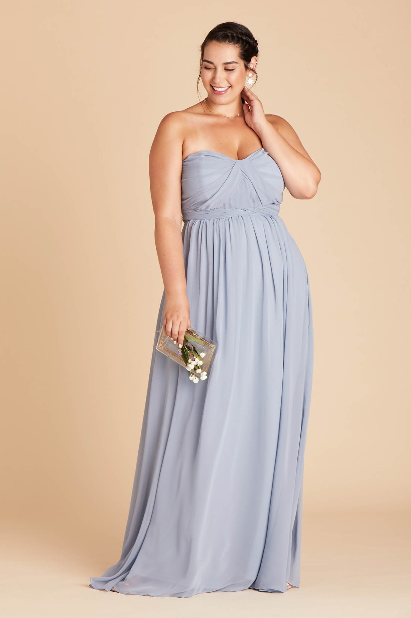 Grace convertible plus size bridesmaid dress in dusty blue chiffon by Birdy Grey, front view