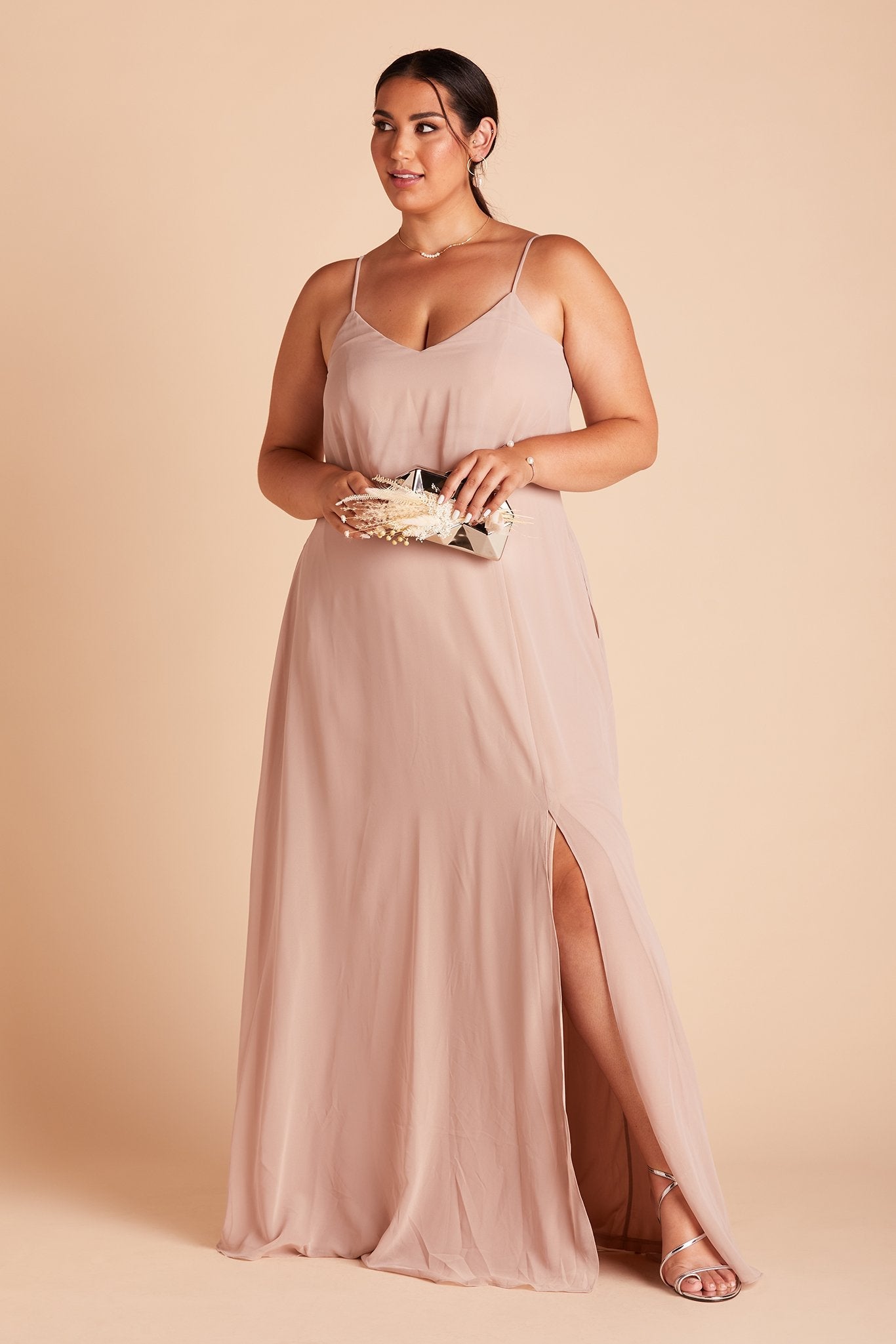 Gwennie bridesmaid dress with slit in taupe chiffon by Birdy Grey, front view