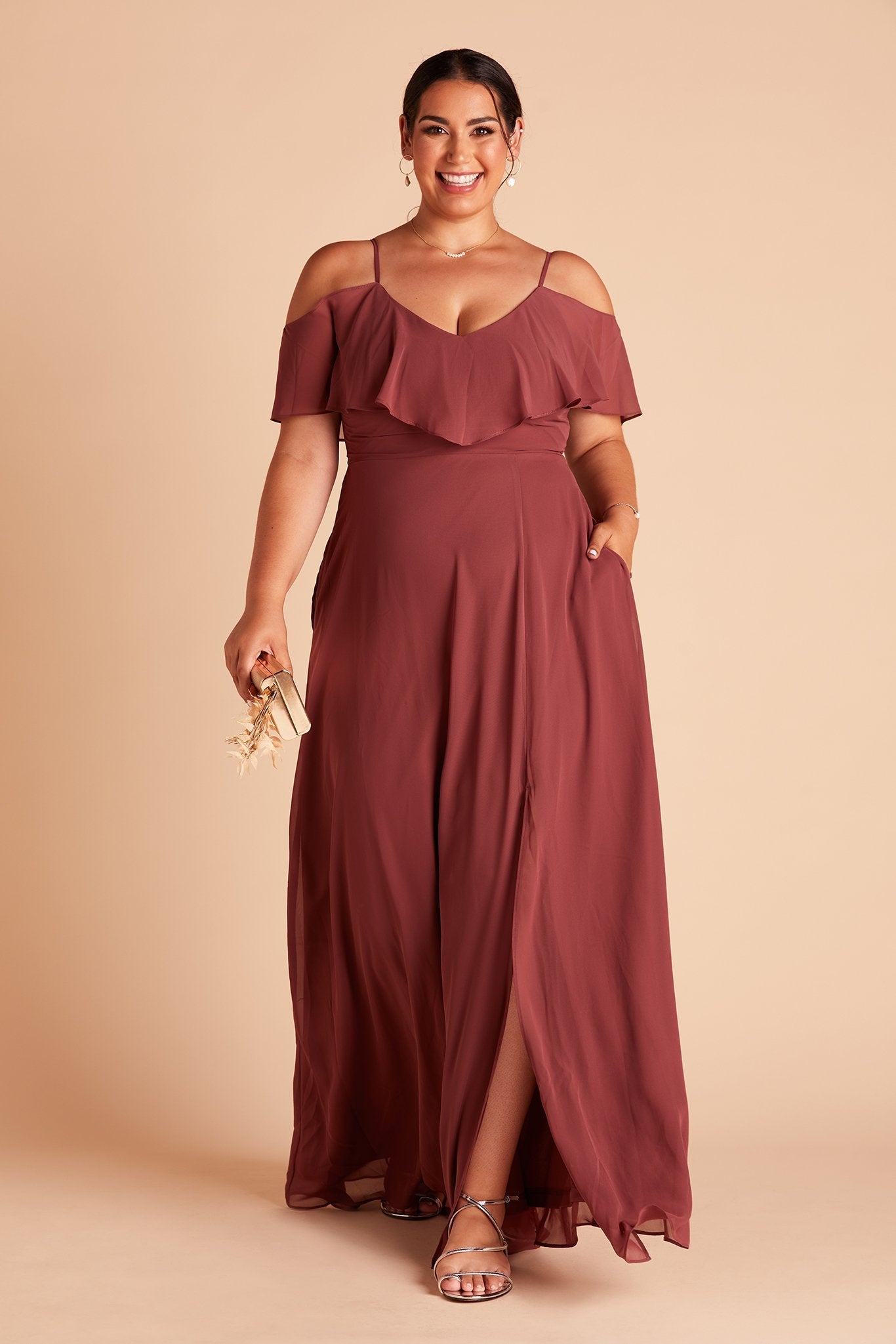 Jane convertible plus size bridesmaid dress with slit in rosewood chiffon by Birdy Grey, front view with hand in pocket