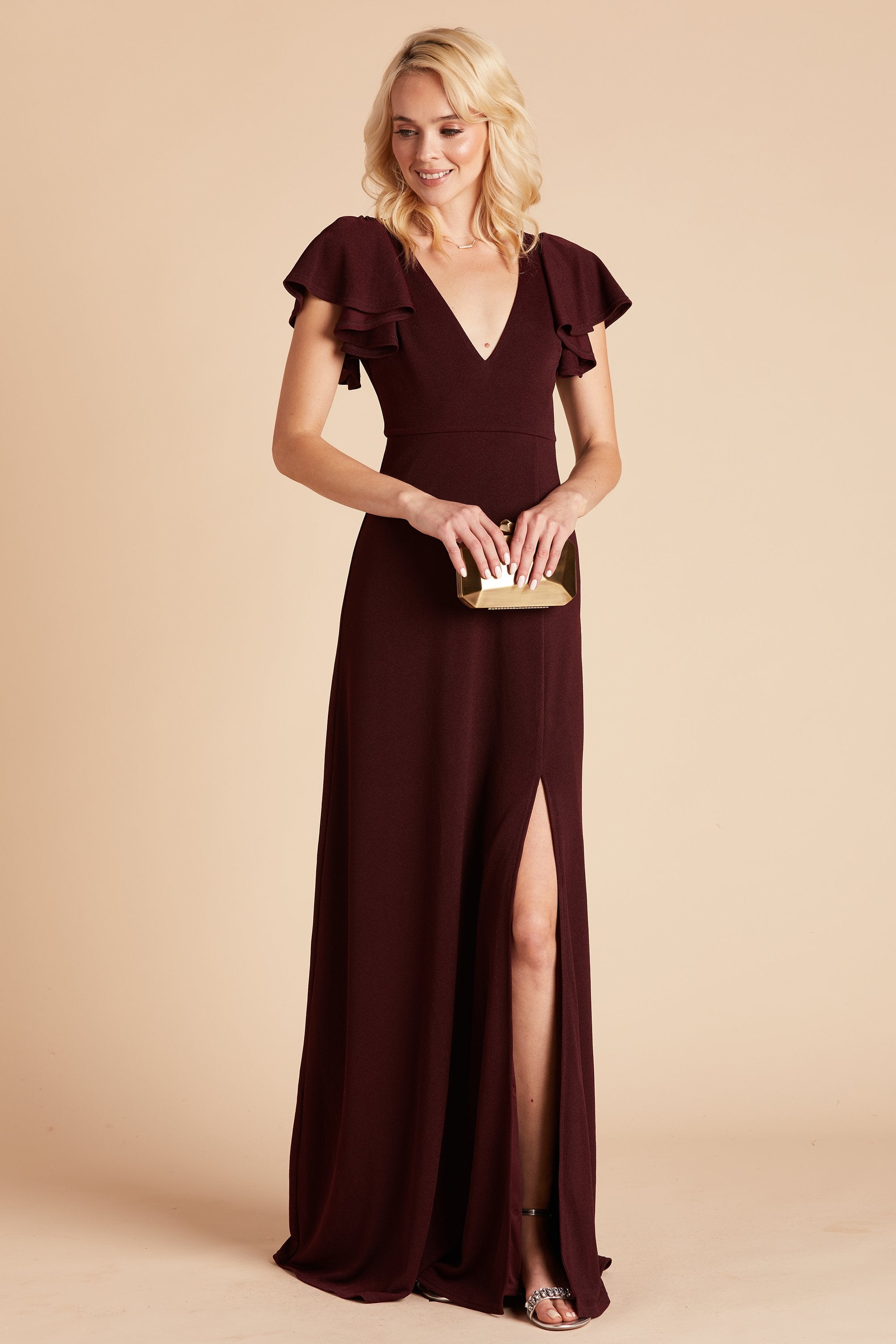 Hannah bridesmaid dress with slit in cabernet burgundy crepe by Birdy Grey, front view