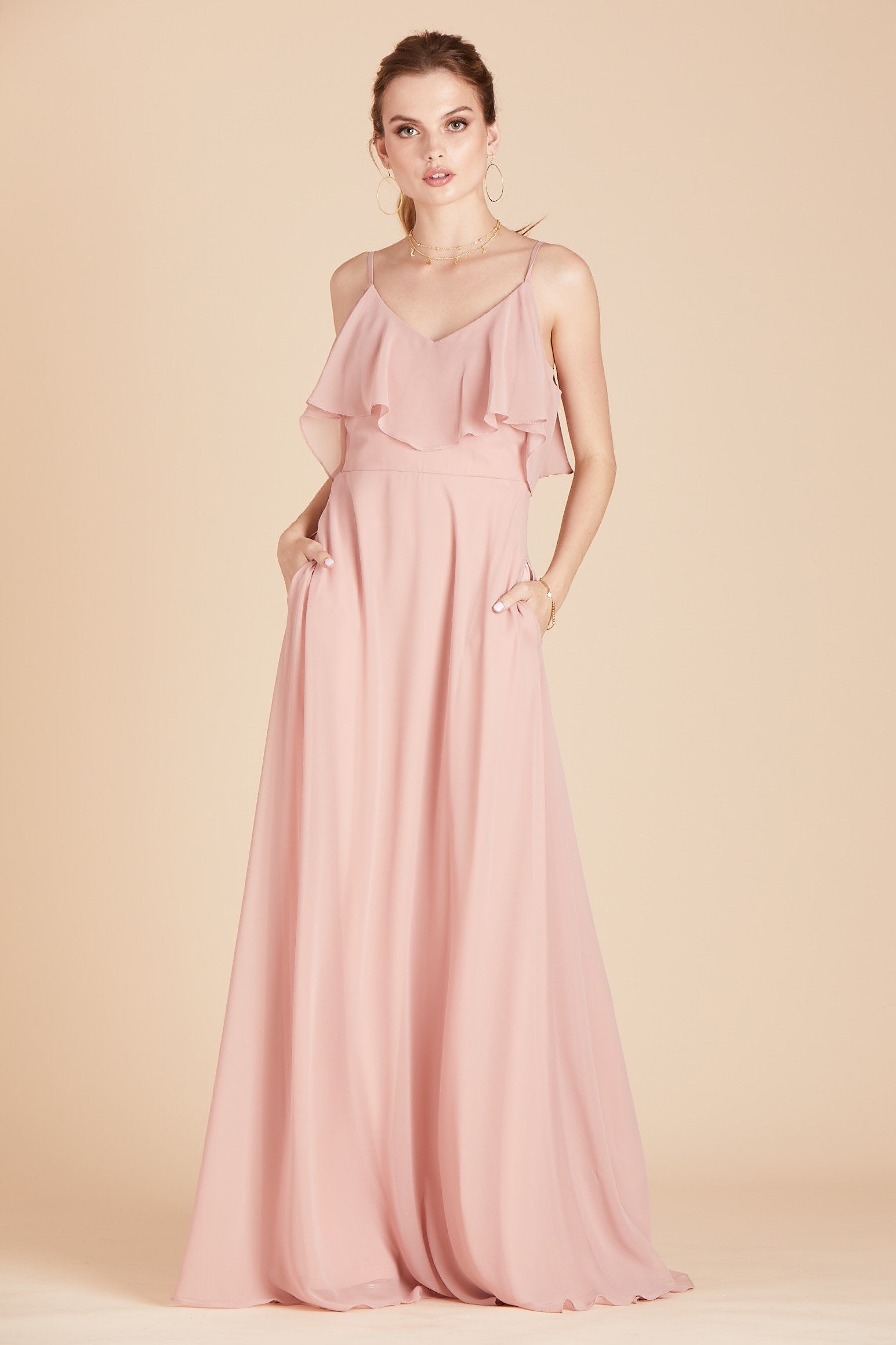 Jane convertible bridesmaid dress in dusty rose chiffon by Birdy Grey, front view with hand in pocket