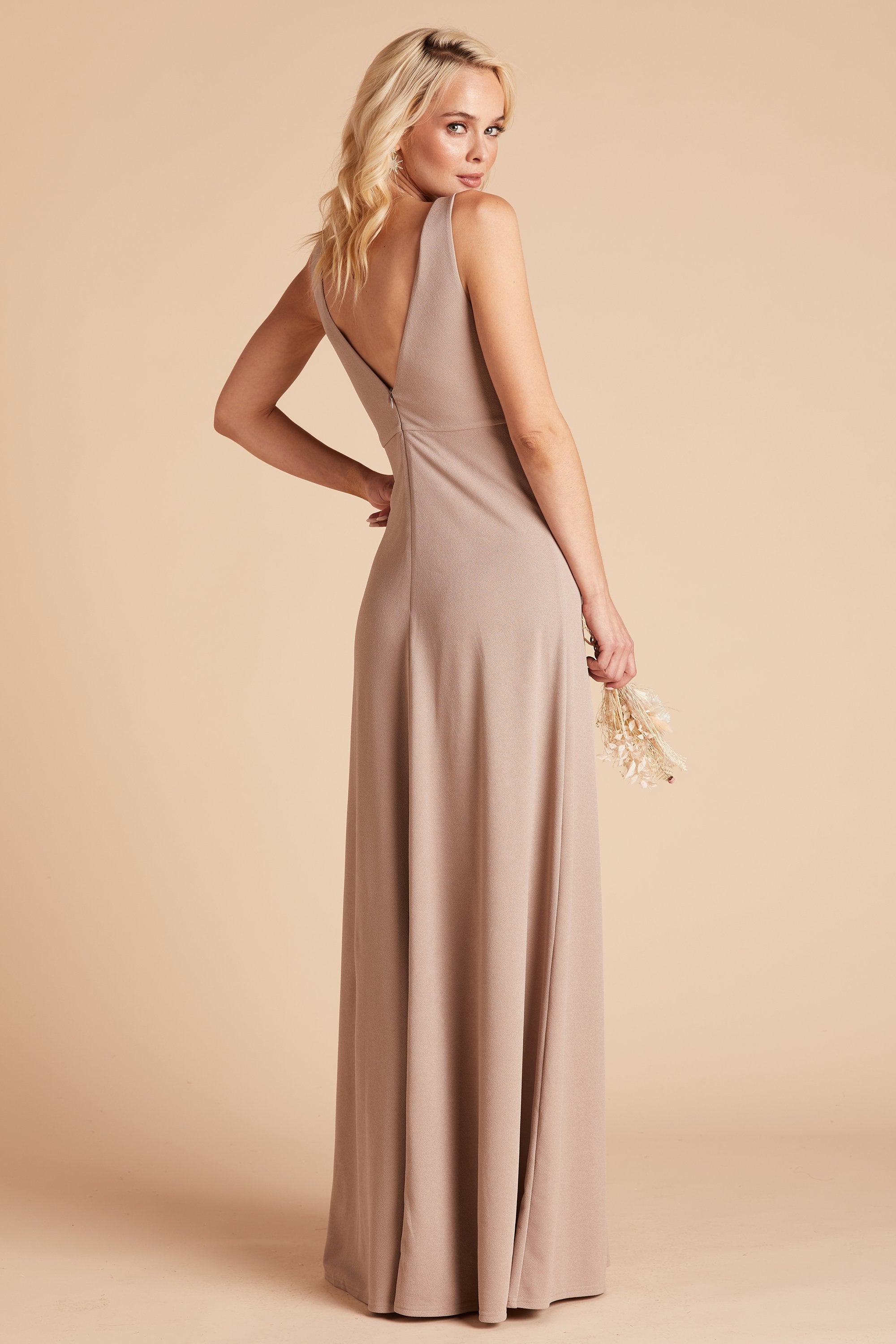 Shamin bridesmaid dress in taupe crepe by Birdy Grey, back view