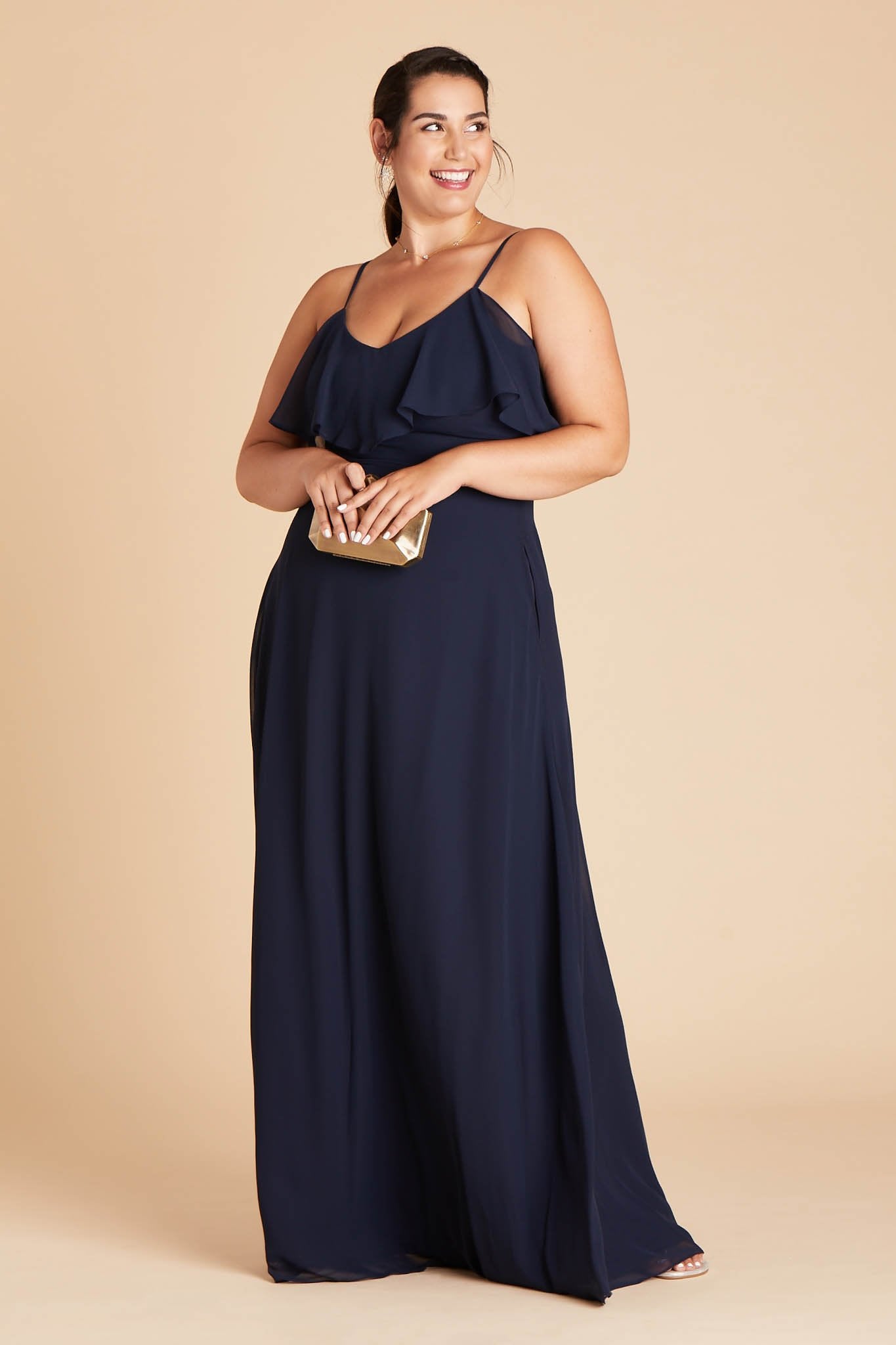 Jane convertible plus size bridesmaid dress in navy blue chiffon by Birdy Grey, front view