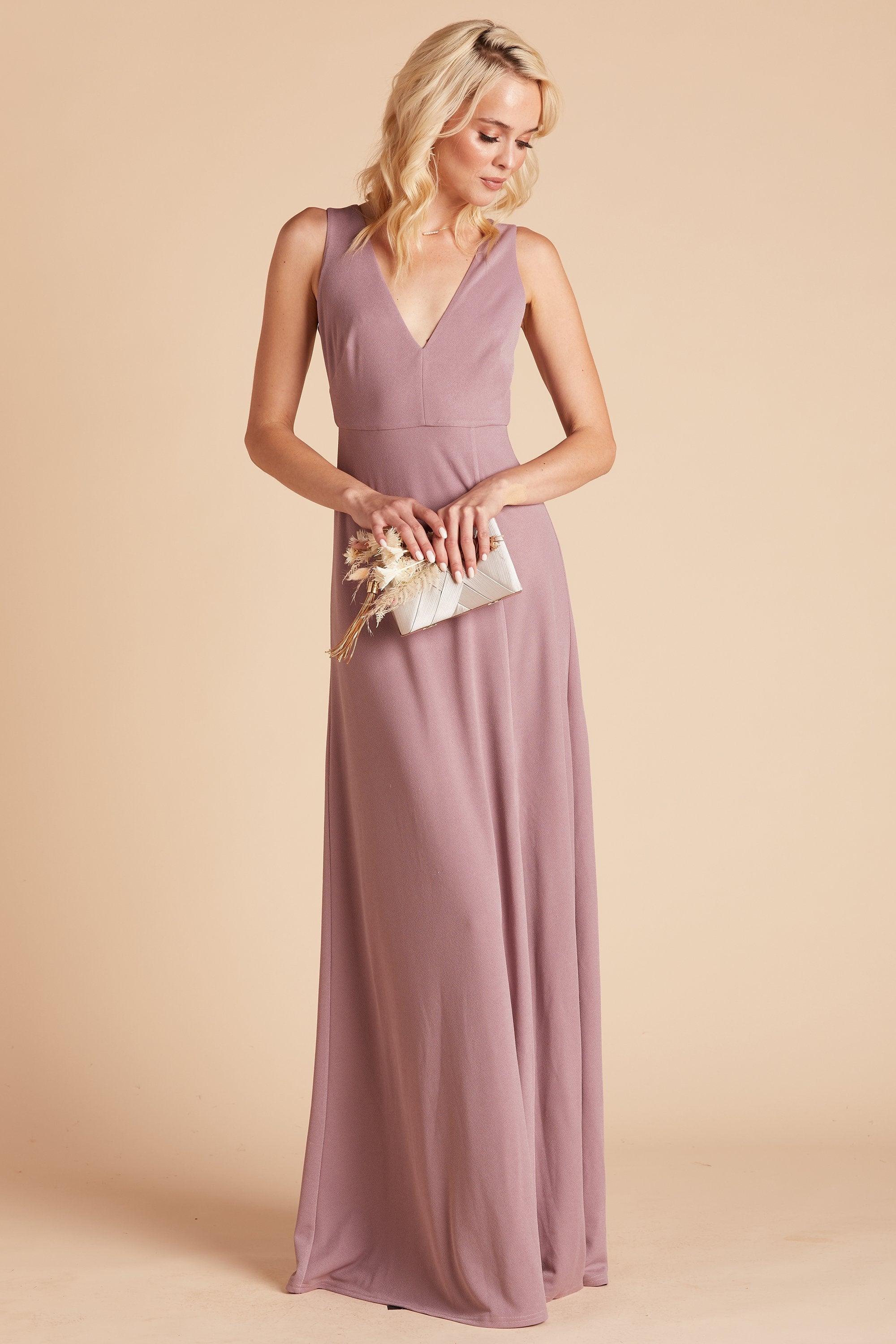 Shamin bridesmaid dress with slit in dark mauve crepe by Birdy Grey, front view