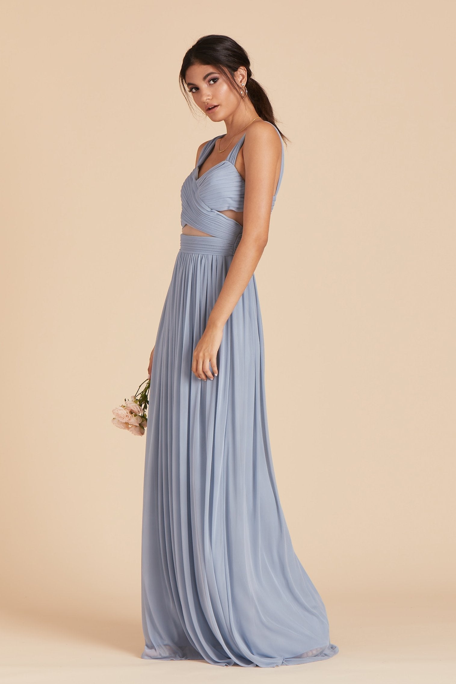 Elsye bridesmaid dress in dusty blue chiffon by Birdy Grey, side view