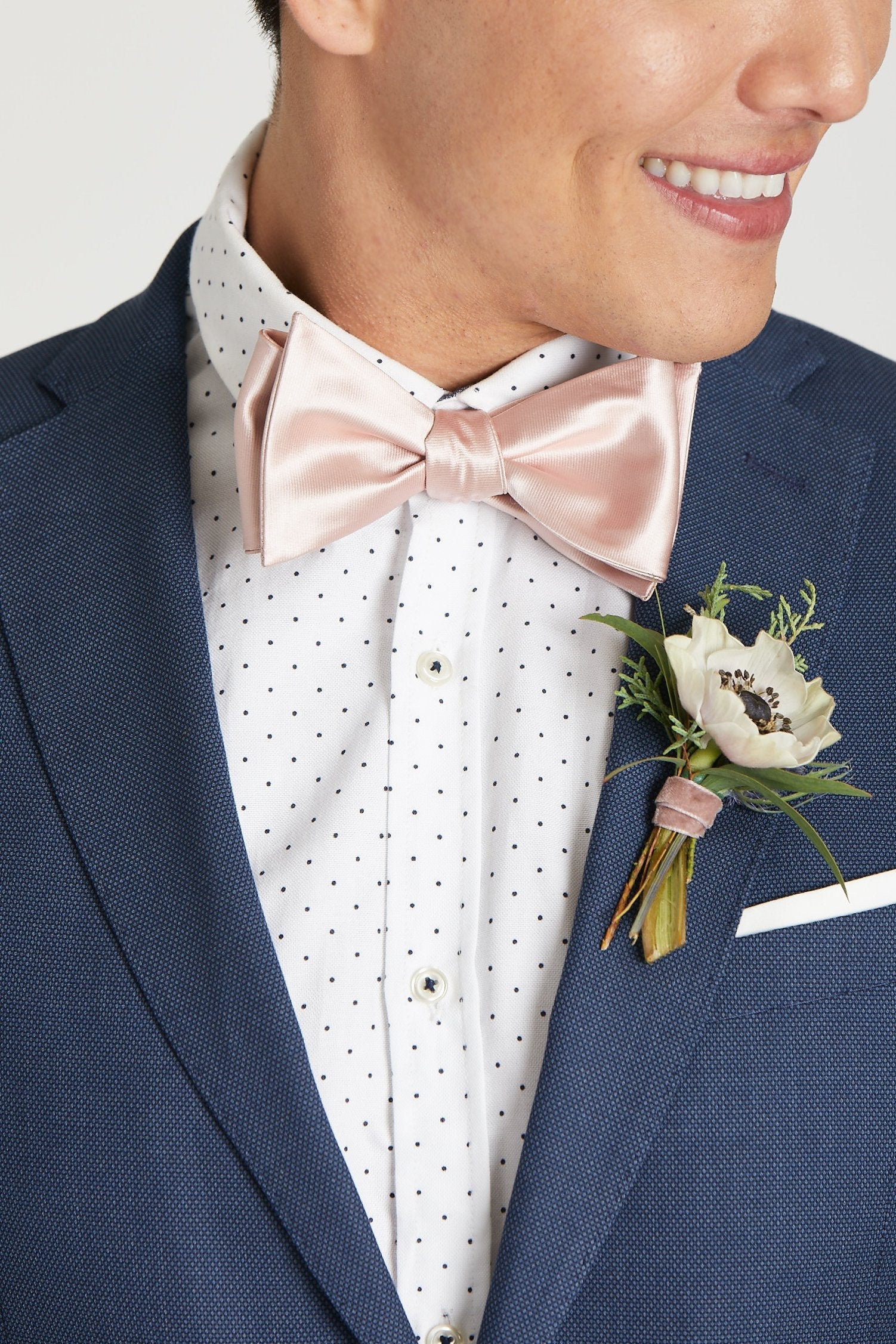 Daniel Bow Tie in dusty rose sateen by Birdy Grey, front view