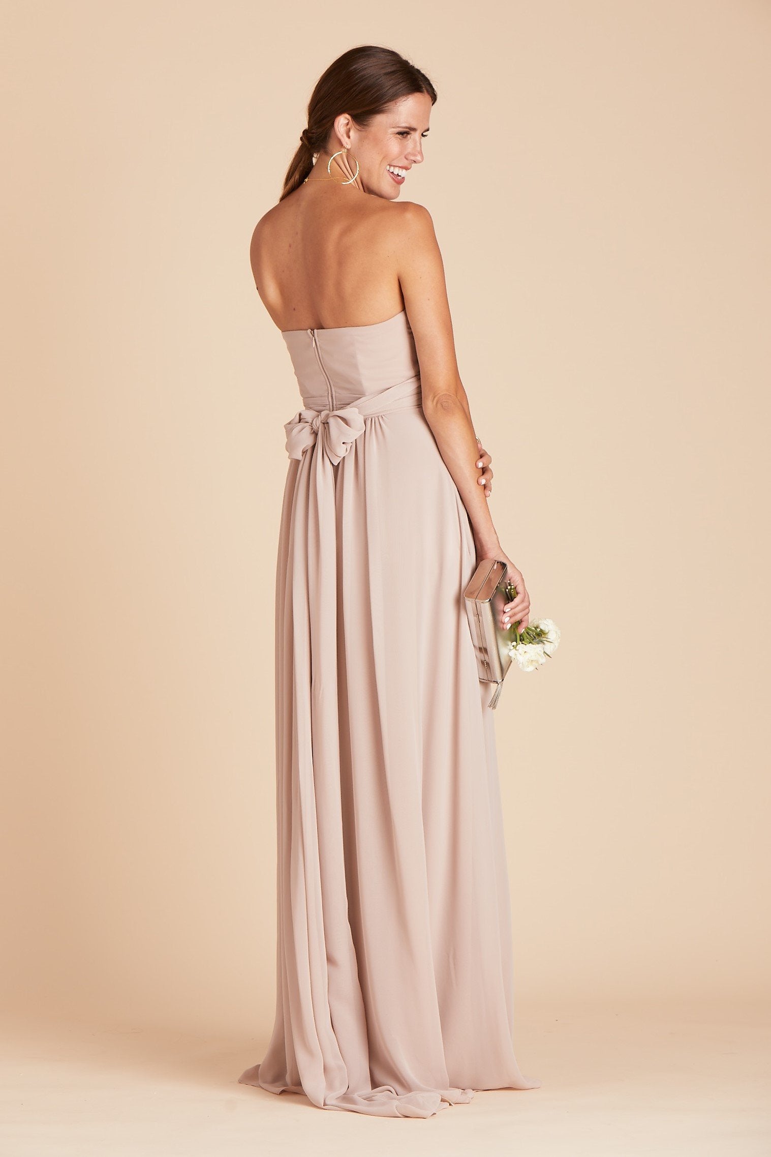 Grace convertible bridesmaid dress in taupe chiffon by Birdy Grey, side view