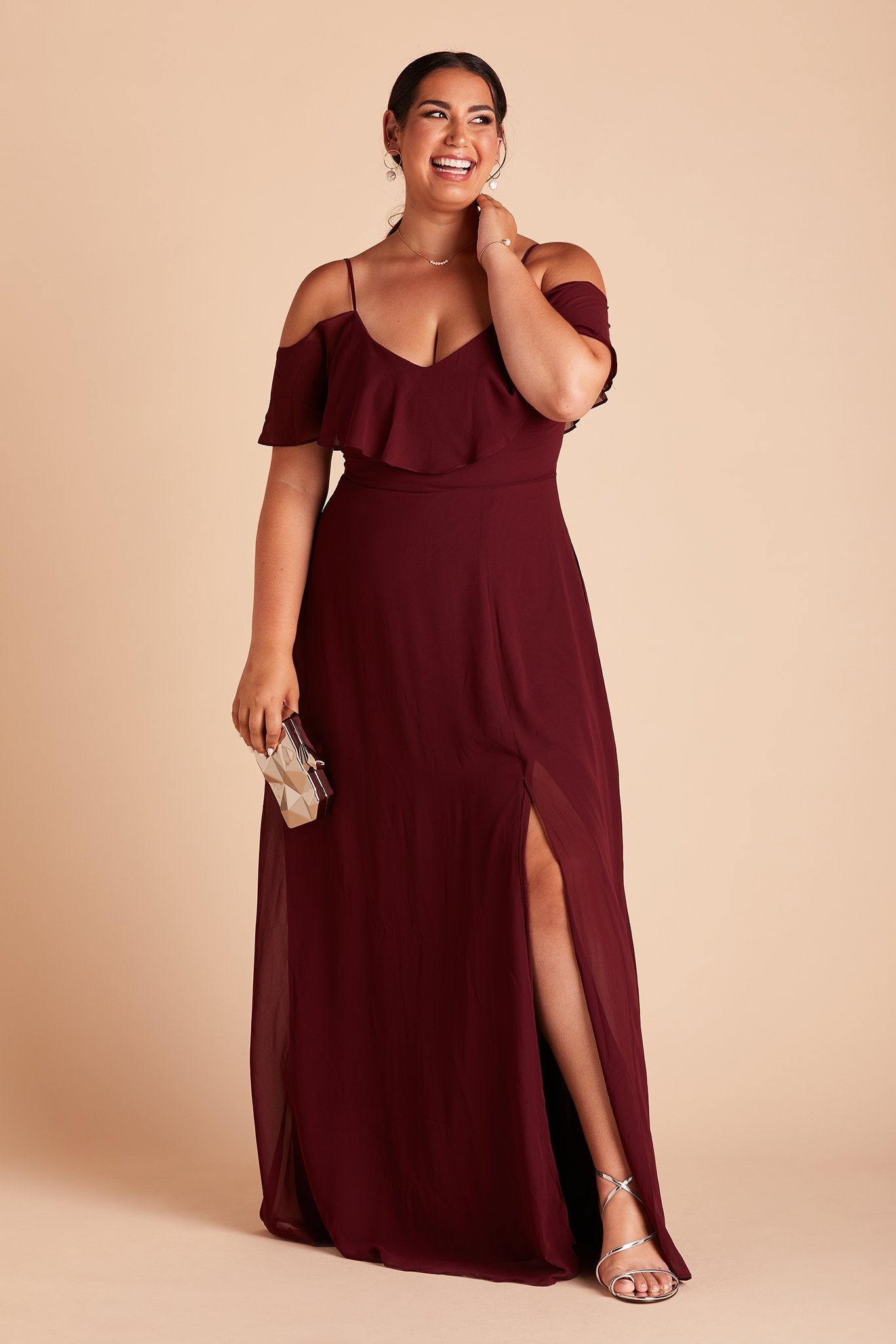 Jane convertible plus size bridesmaid dress with slit in Cabernet Burgundy chiffon by Birdy Grey, front view