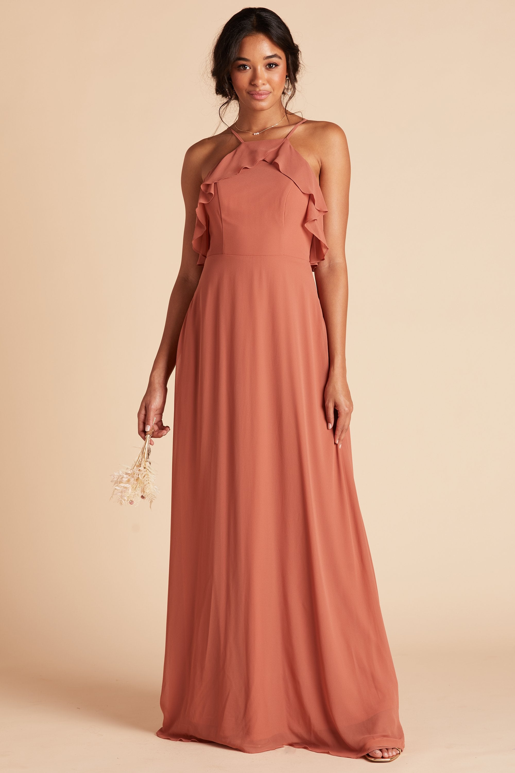 Jules bridesmaid dress in terracotta orange chiffon by Birdy Grey, front view