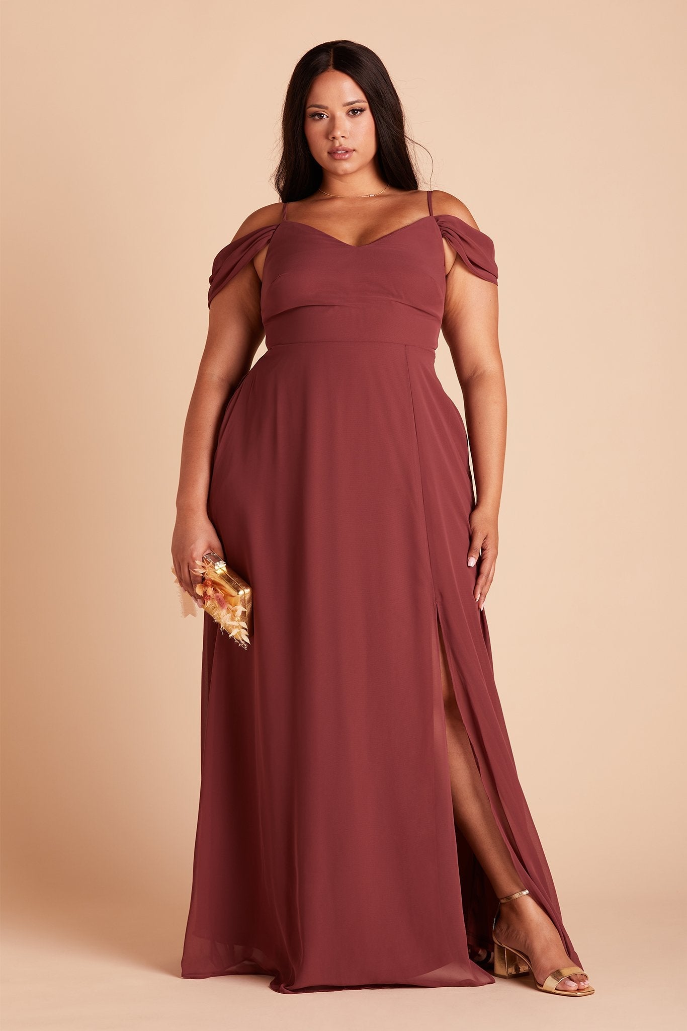 Devin convertible plus size bridesmaids dress with slit in rosewood chiffon by Birdy Grey, front view