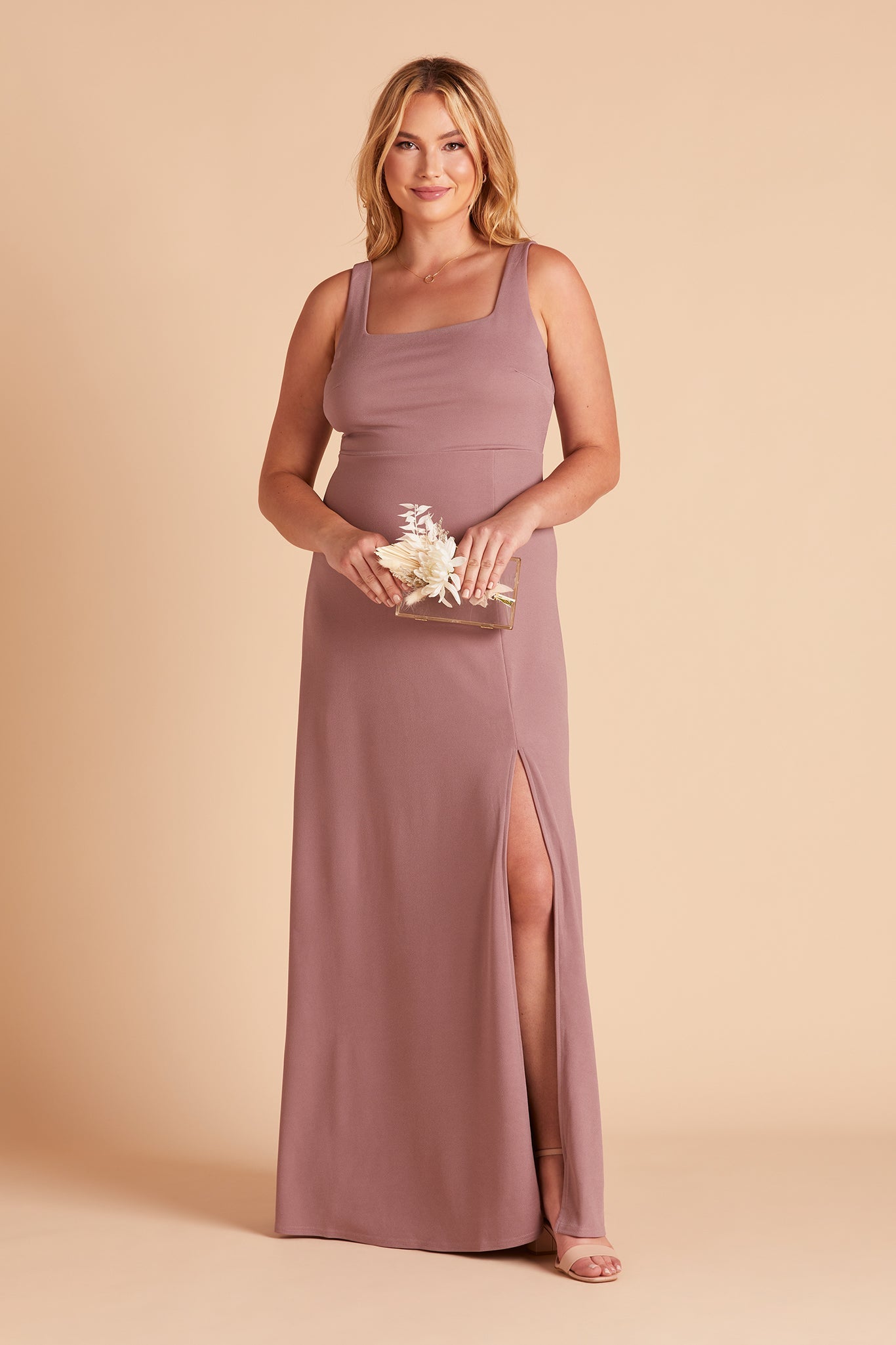 Alex convertible plus size bridesmaid dress with slit in dark mauve crepe by Birdy Grey, front view