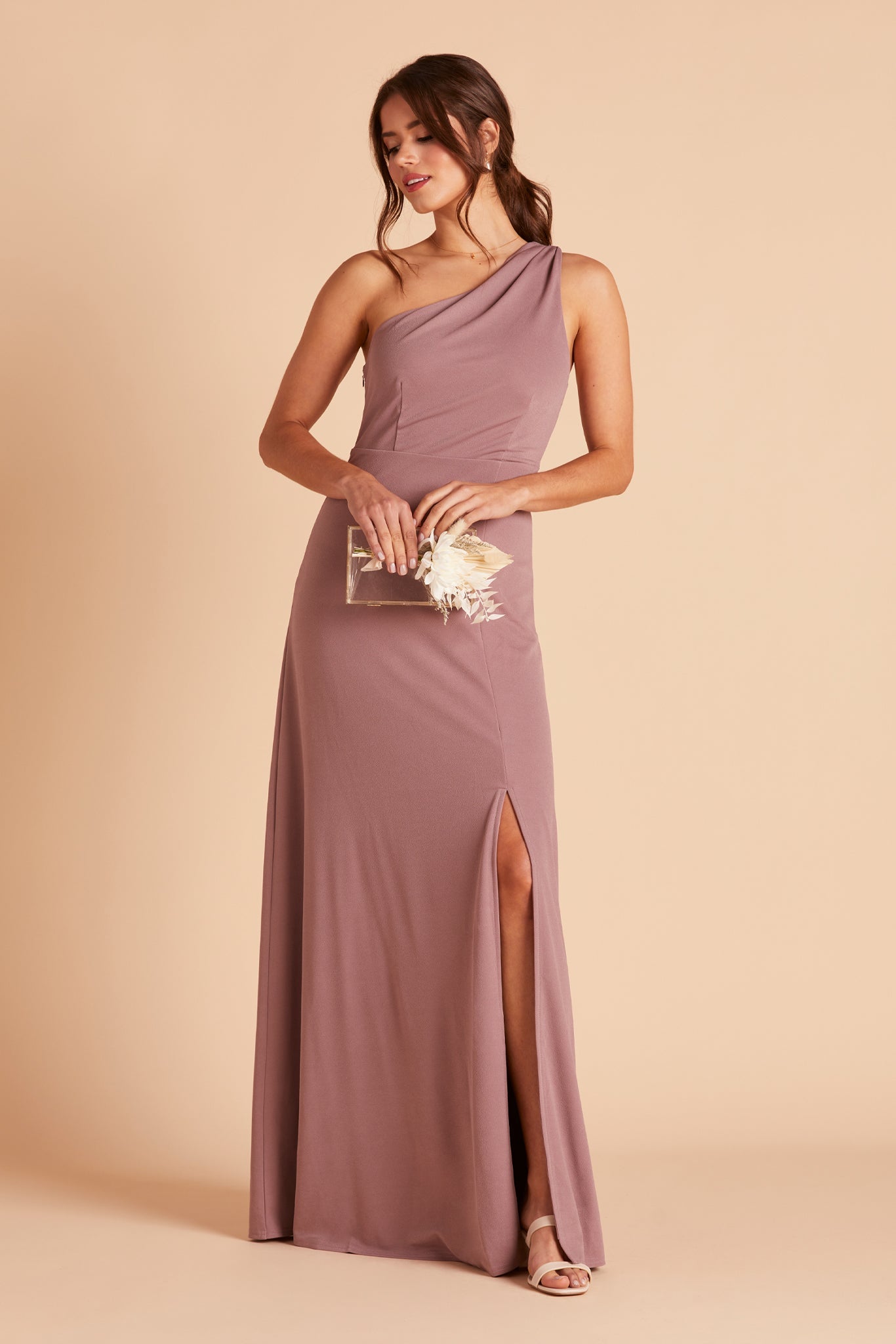 Kira bridesmaid dress with slit in dark mauve crepe by Birdy Grey, front view