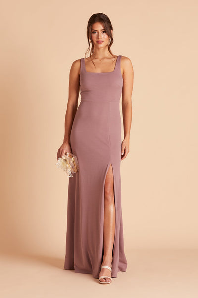 Alex convertible bridesmaid dress with slit in dark mauve crepe by Birdy Grey, front view