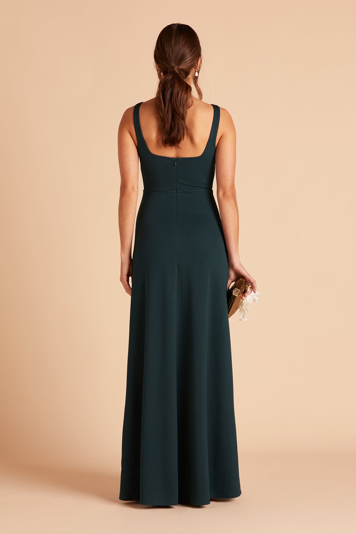 Alex convertible bridesmaid dress with slit in emerald crepe by Birdy Grey, back view