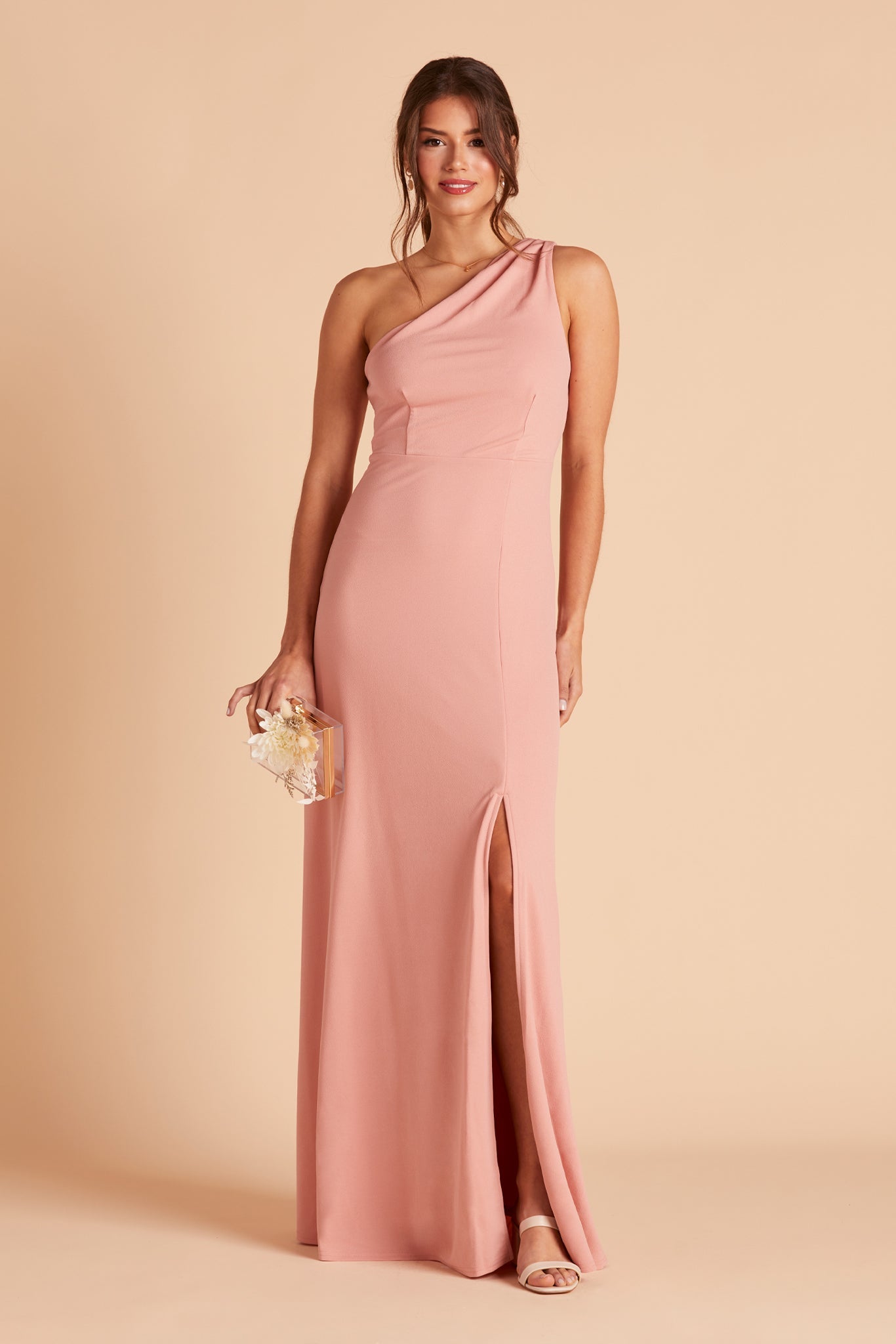 Kira bridesmaid dress with slit in dusty rose crepe by Birdy Grey, front view