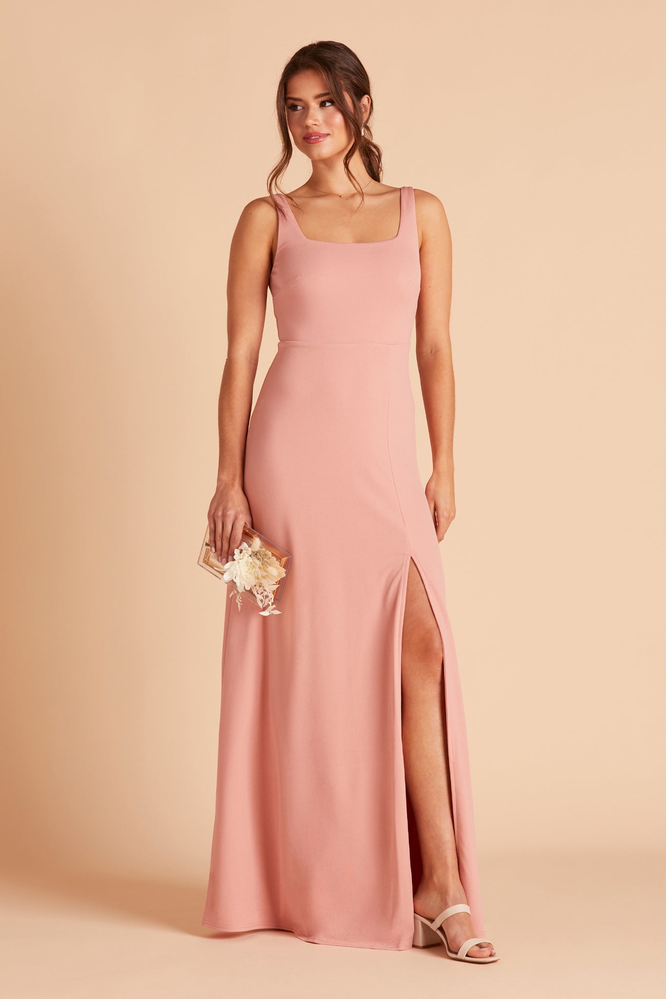 Alex convertible bridesmaid dress with slit in dusty rose crepe by Birdy Grey, front view