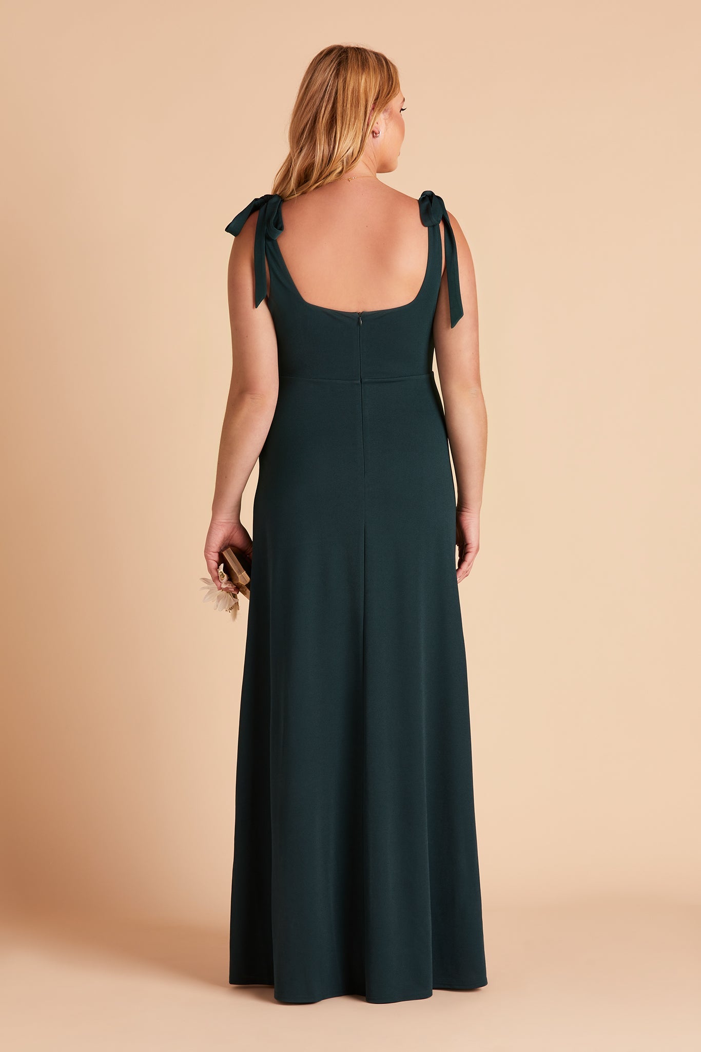 Alex convertible plus size bridesmaid dress with slit in emerald crepe by Birdy Grey, back view