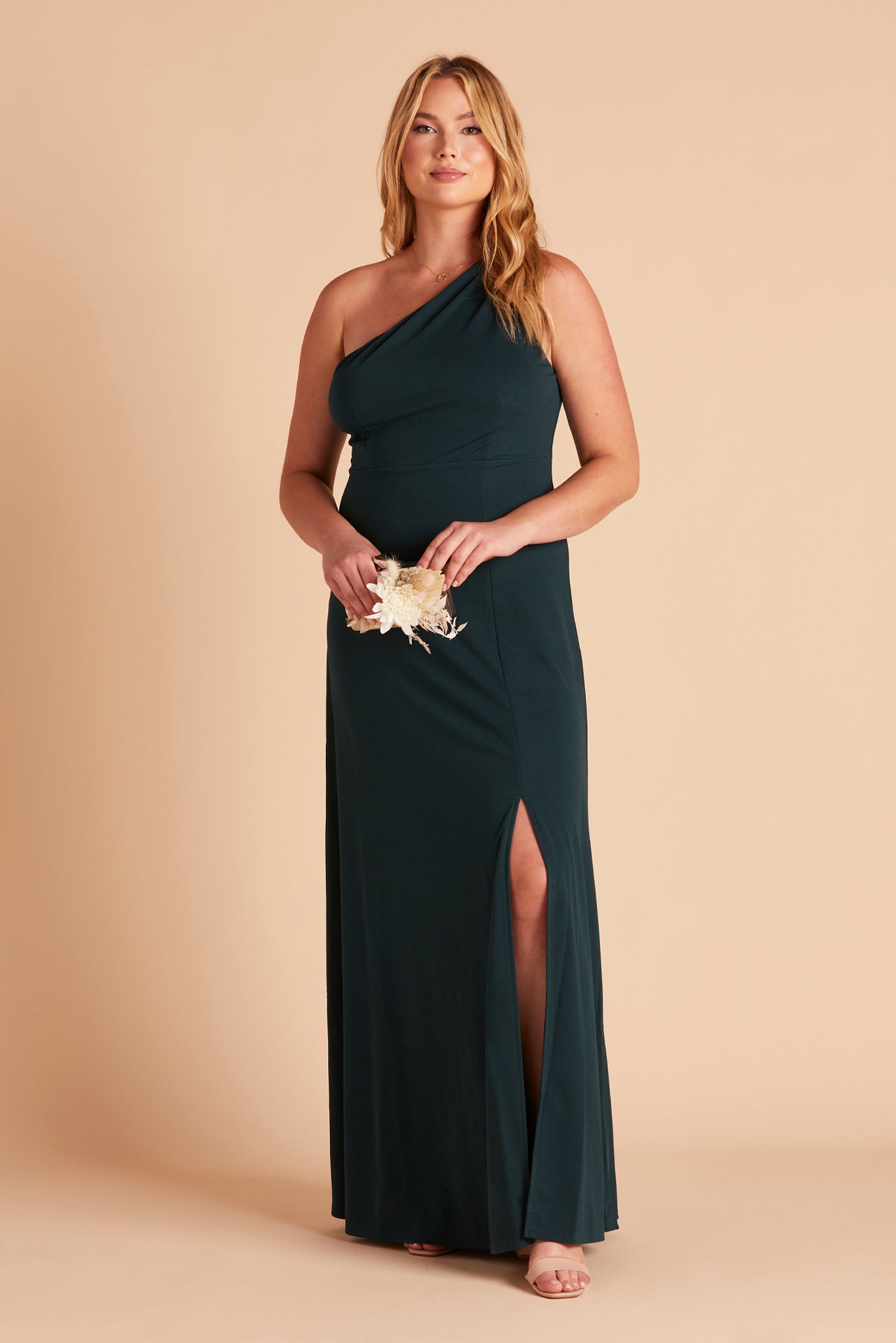 Kira plus size bridesmaid dress with slit in emerald green crepe by Birdy Grey, front view