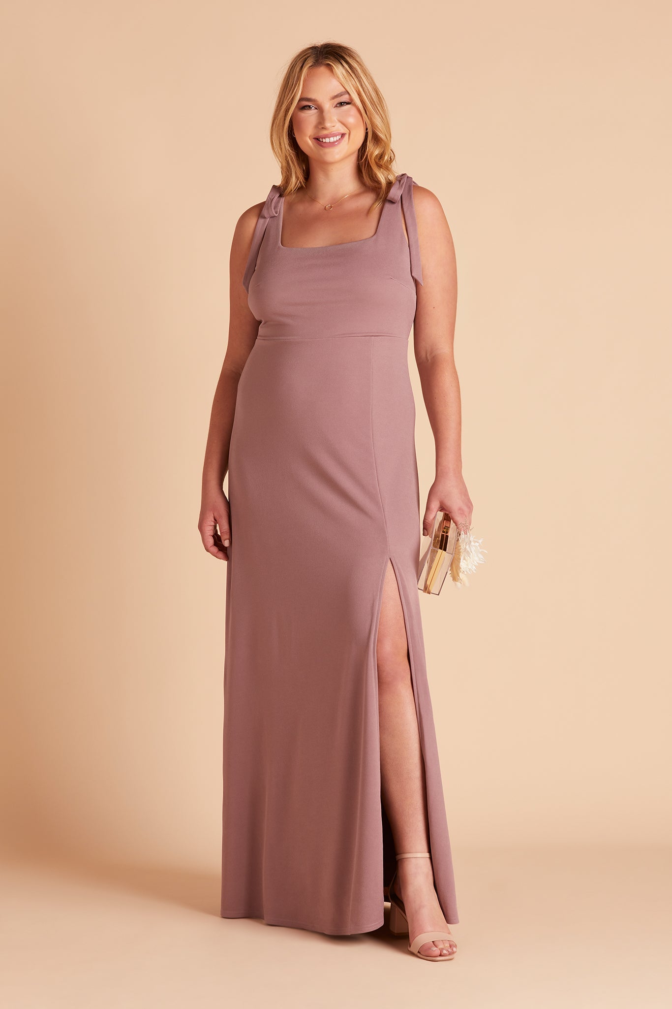 Alex convertible plus size bridesmaid dress with slit in dark mauve crepe by Birdy Grey, front view