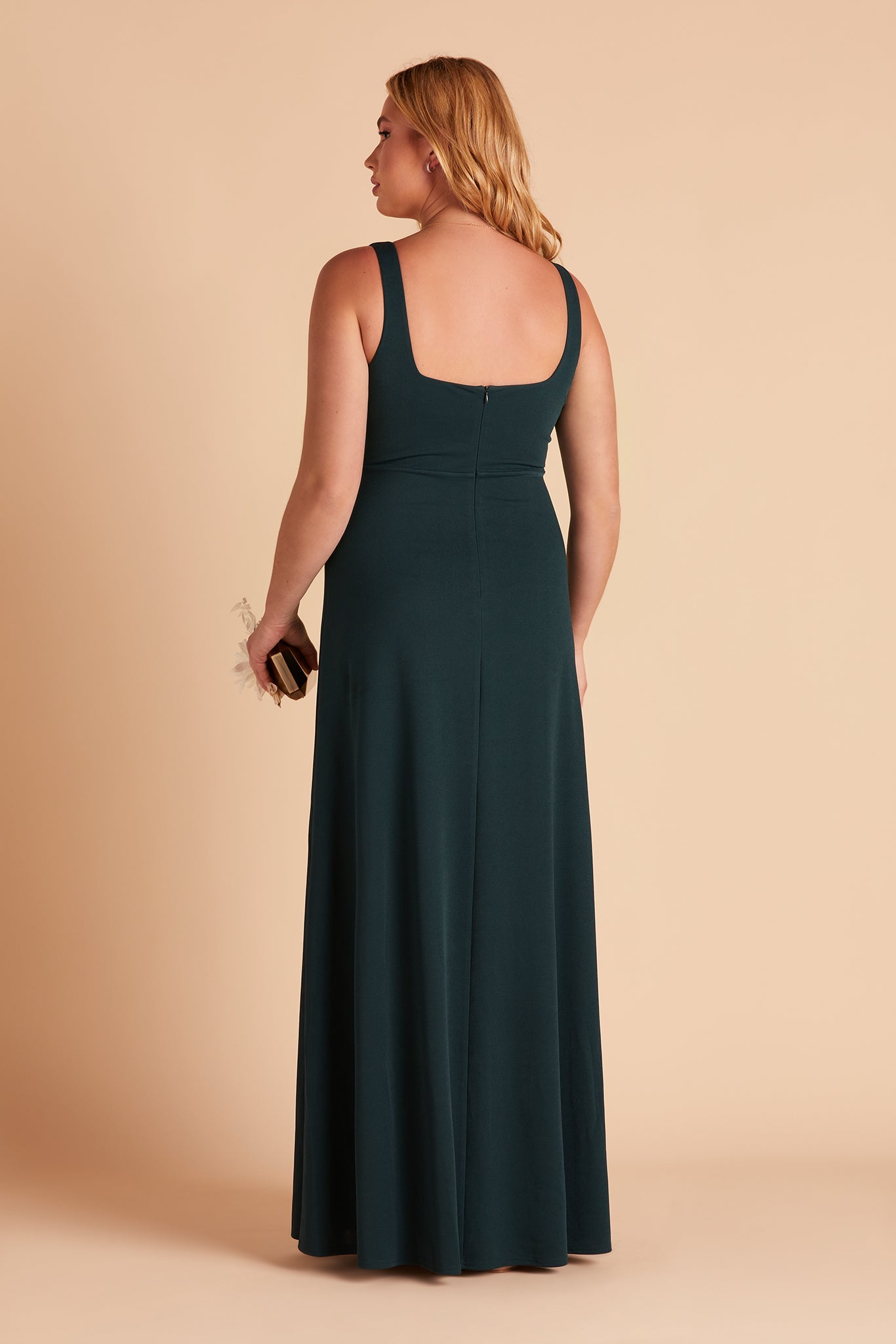 Alex plus size convertible bridesmaid dress with slit in emerald crepe by Birdy Grey, back view