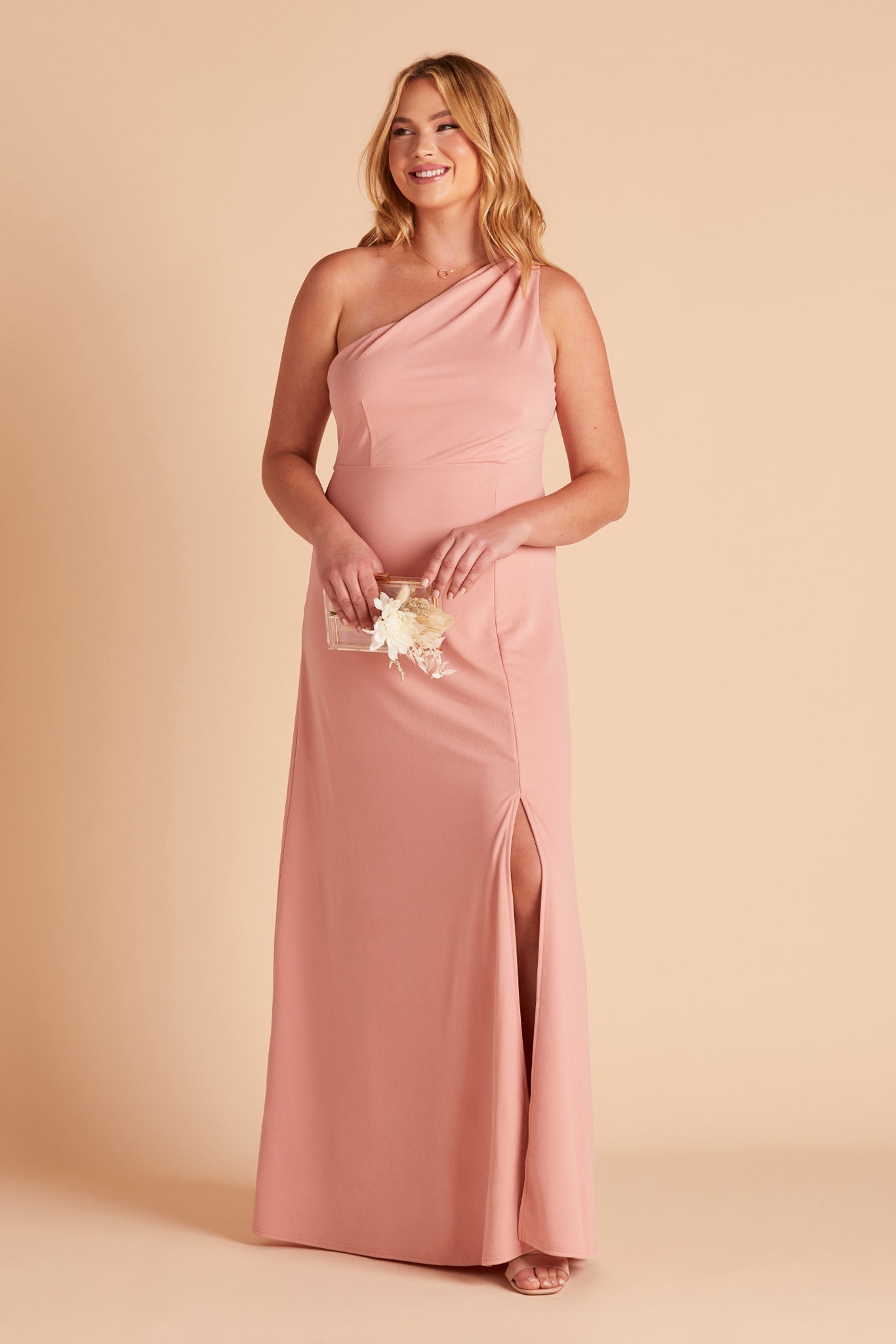 Kira plus size bridesmaid dress with slit in dusty rose crepe by Birdy Grey, front view