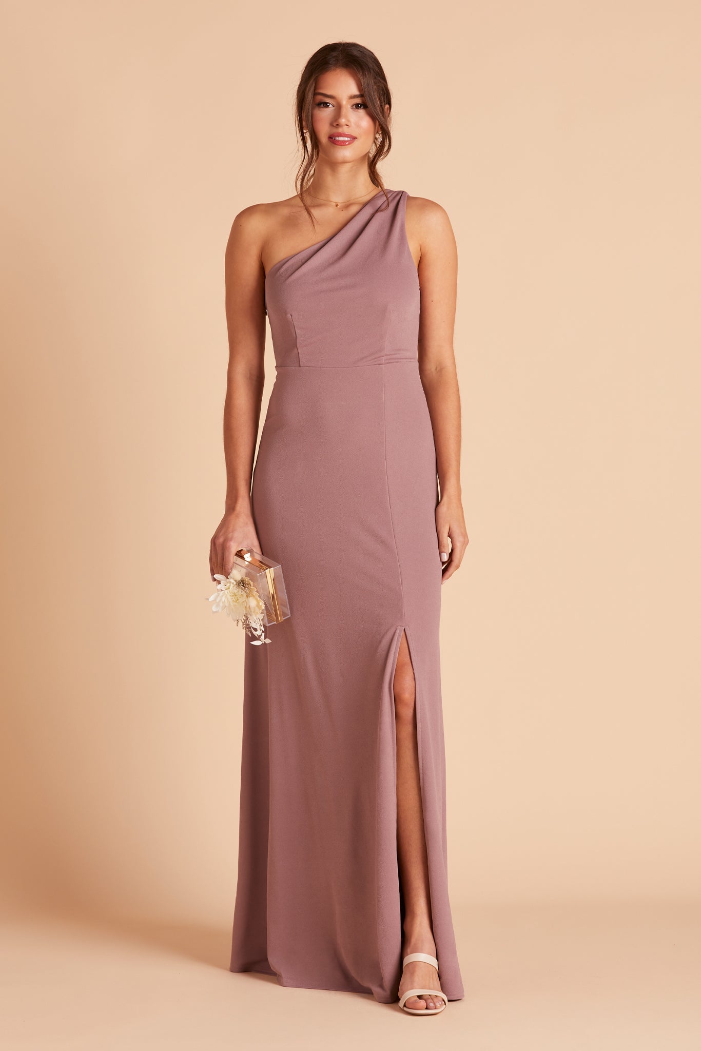 Kira bridesmaid dress with slit in dark mauve crepe by Birdy Grey, front view