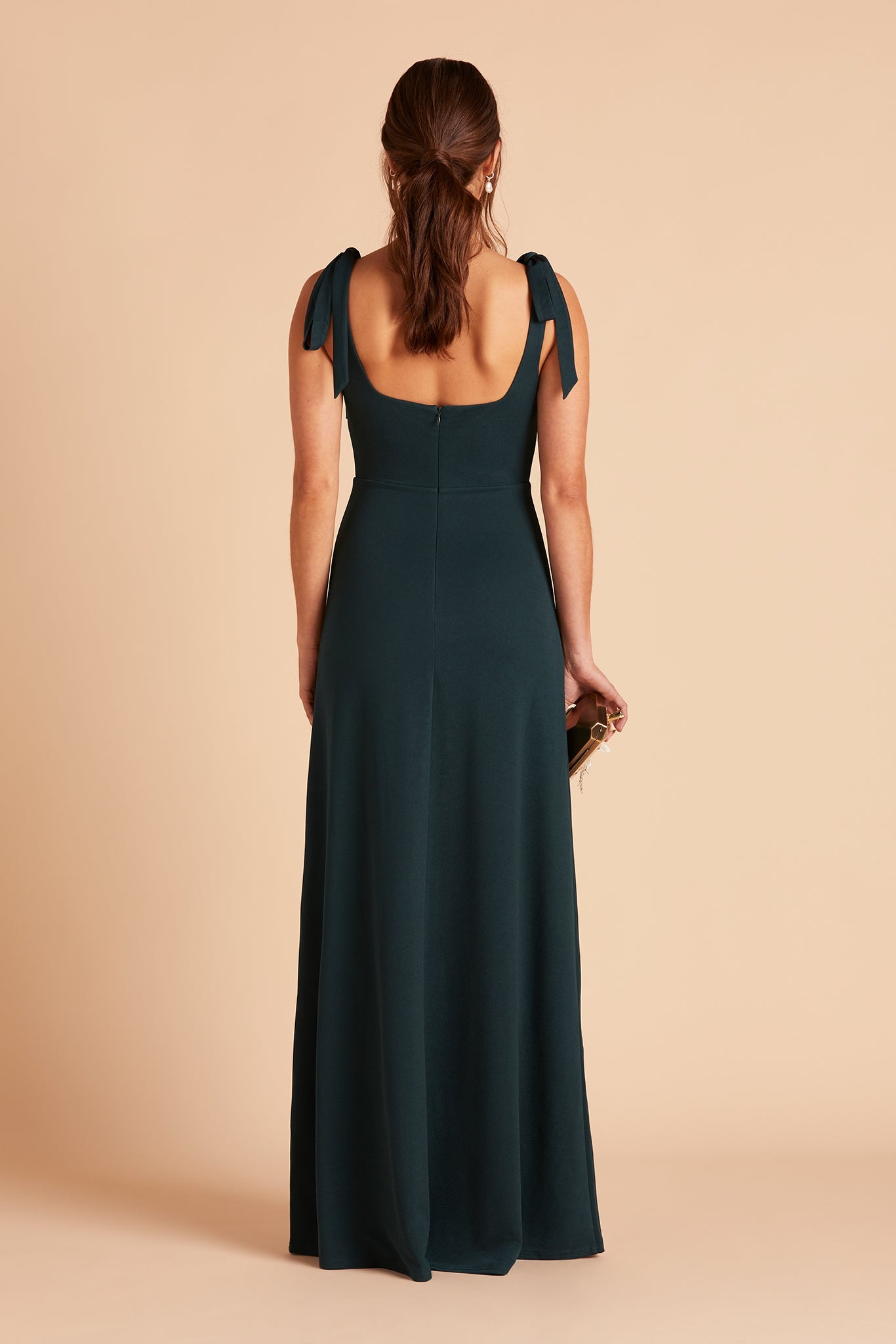 Alex convertible bridesmaid dress with slit in emerald crepe by Birdy Grey, back view