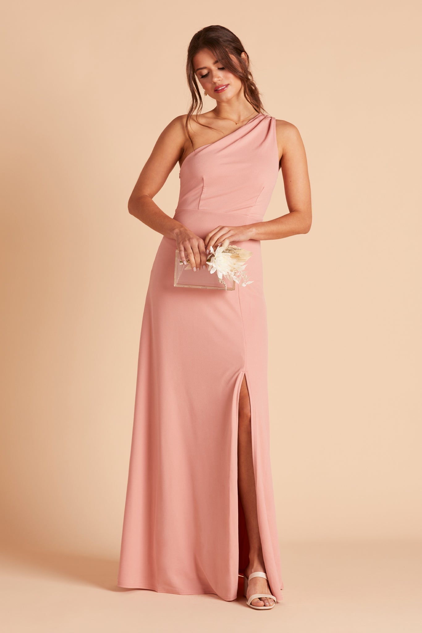 Kira bridesmaid dress with slit in dusty rose crepe by Birdy Grey, front view