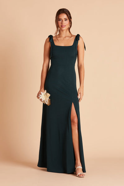 Alex convertible bridesmaid dress with slit in emerald crepe by Birdy Grey, front view